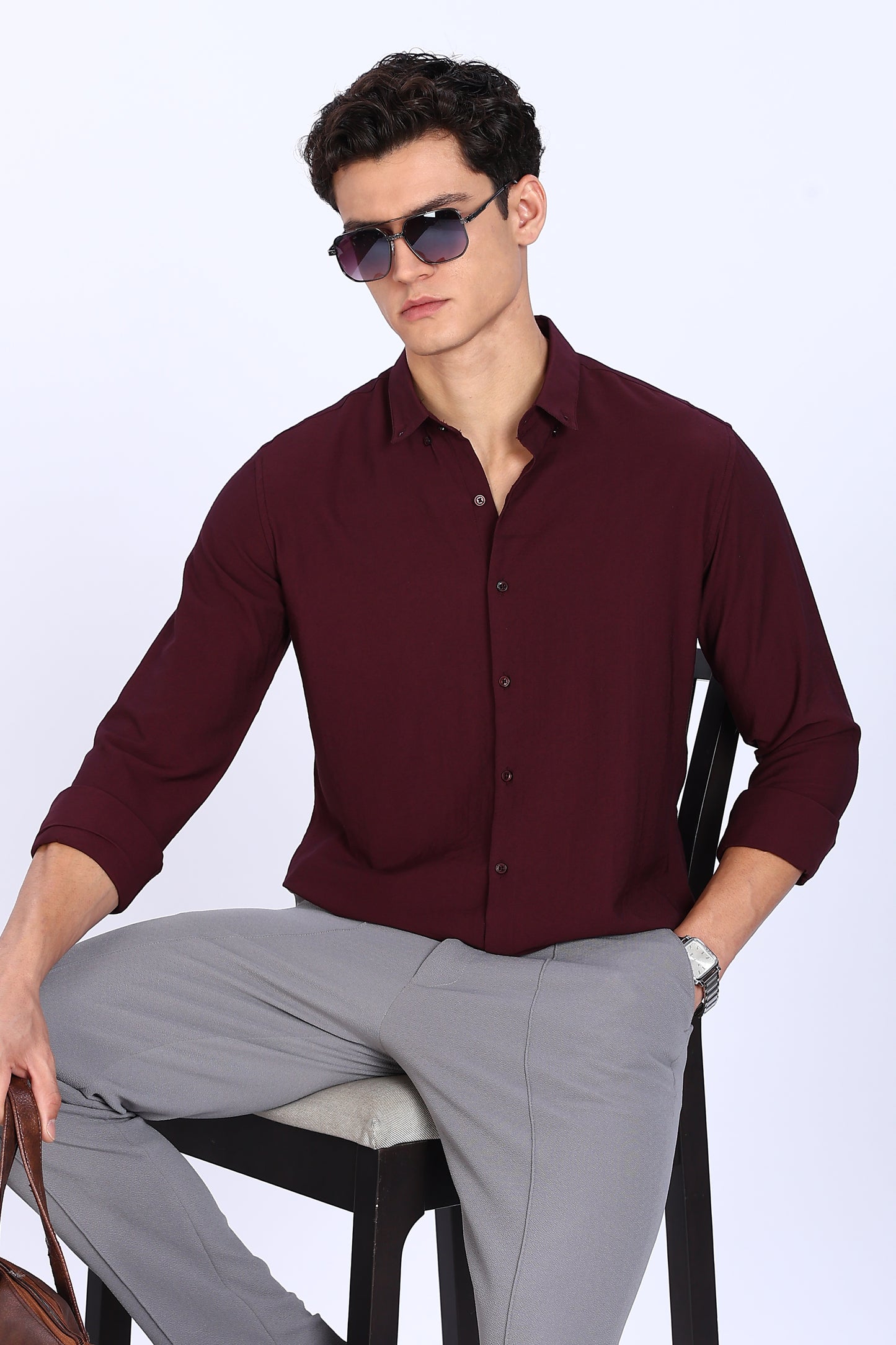 Regular Fit PLAIN BLEND Maroon LINEN SHIRT