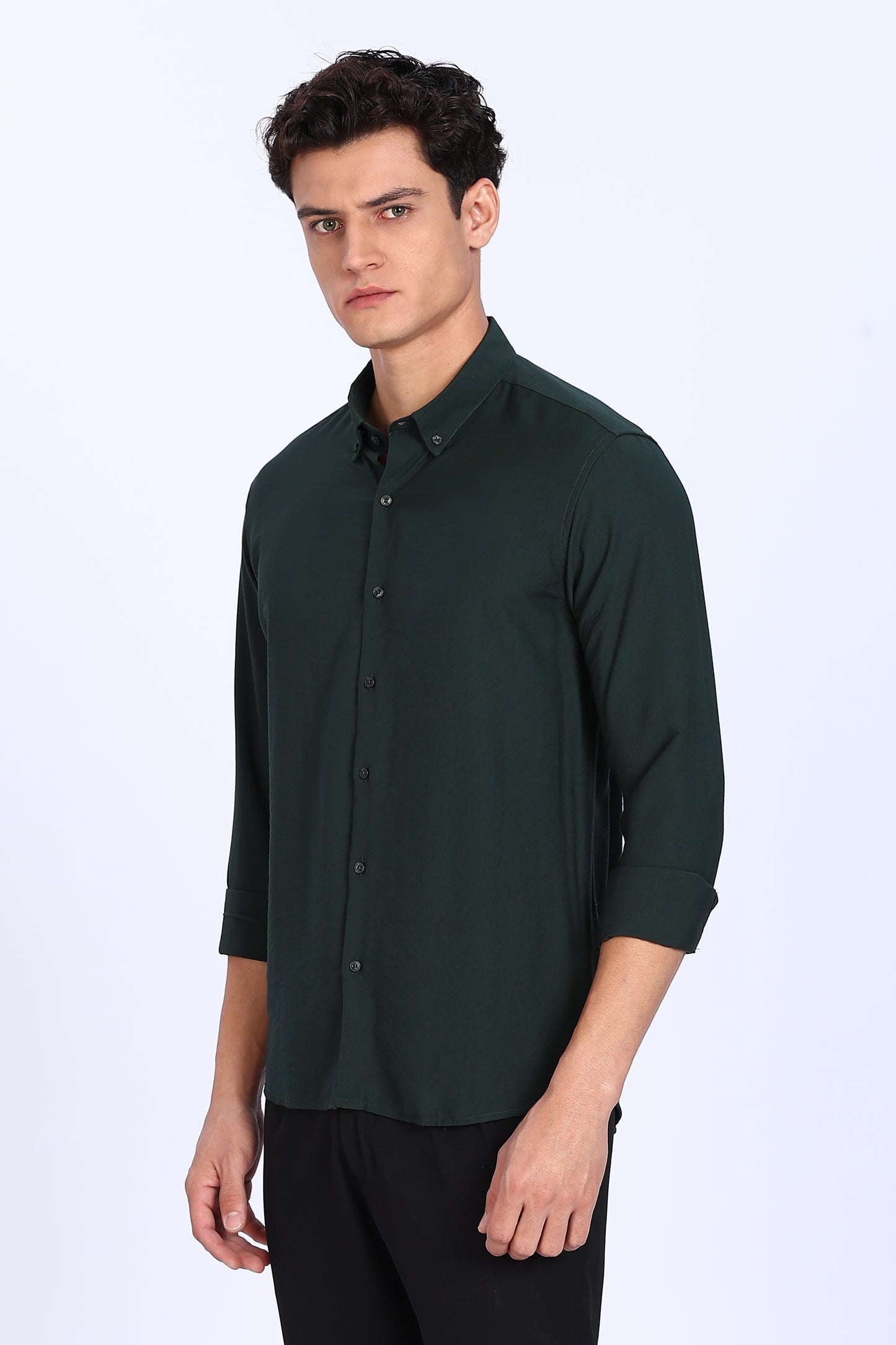 Regular Fit Dark Green Plain Blend Linen Shirts