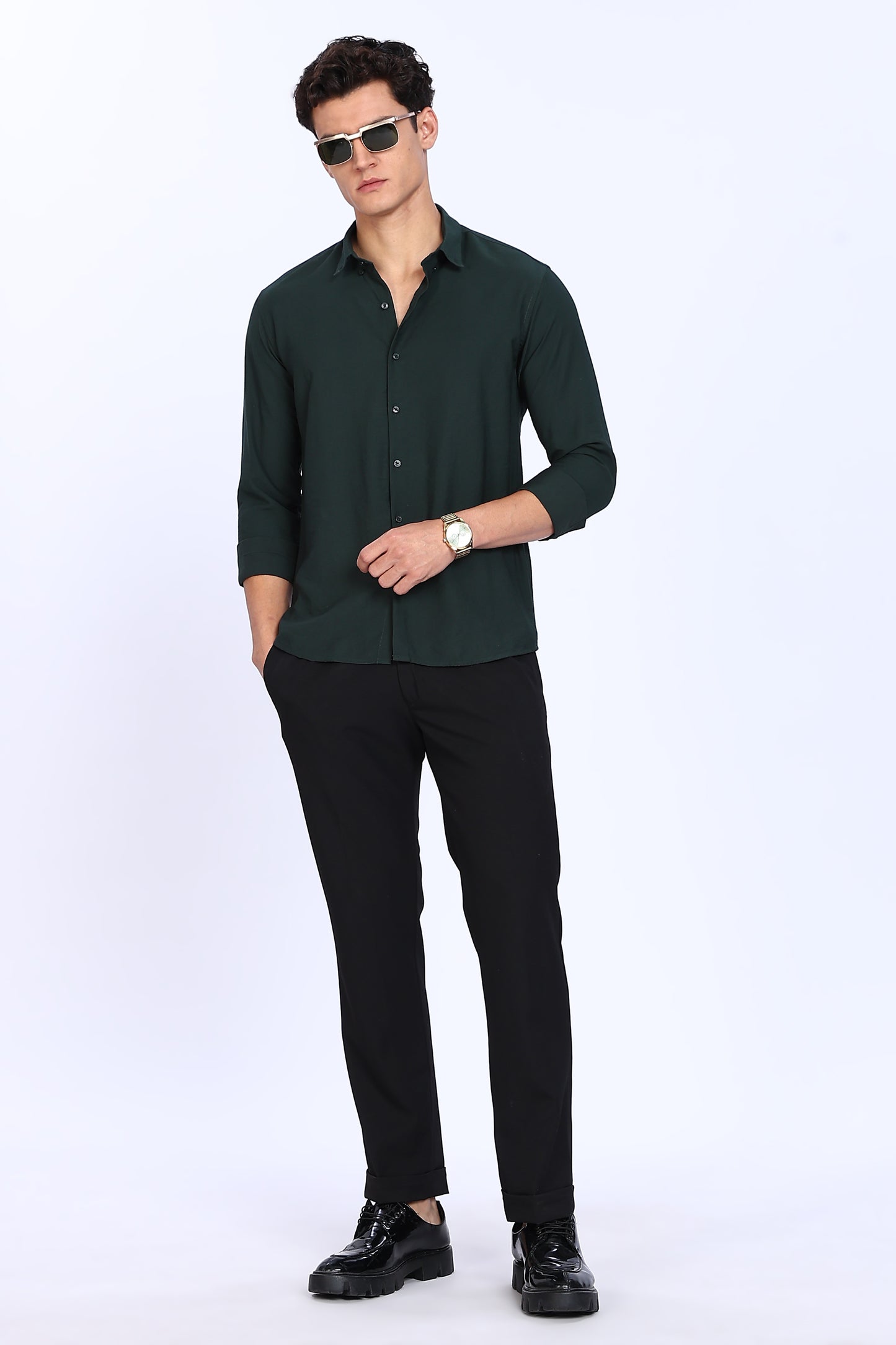 Regular Fit Dark Green Plain Blend Linen Shirts