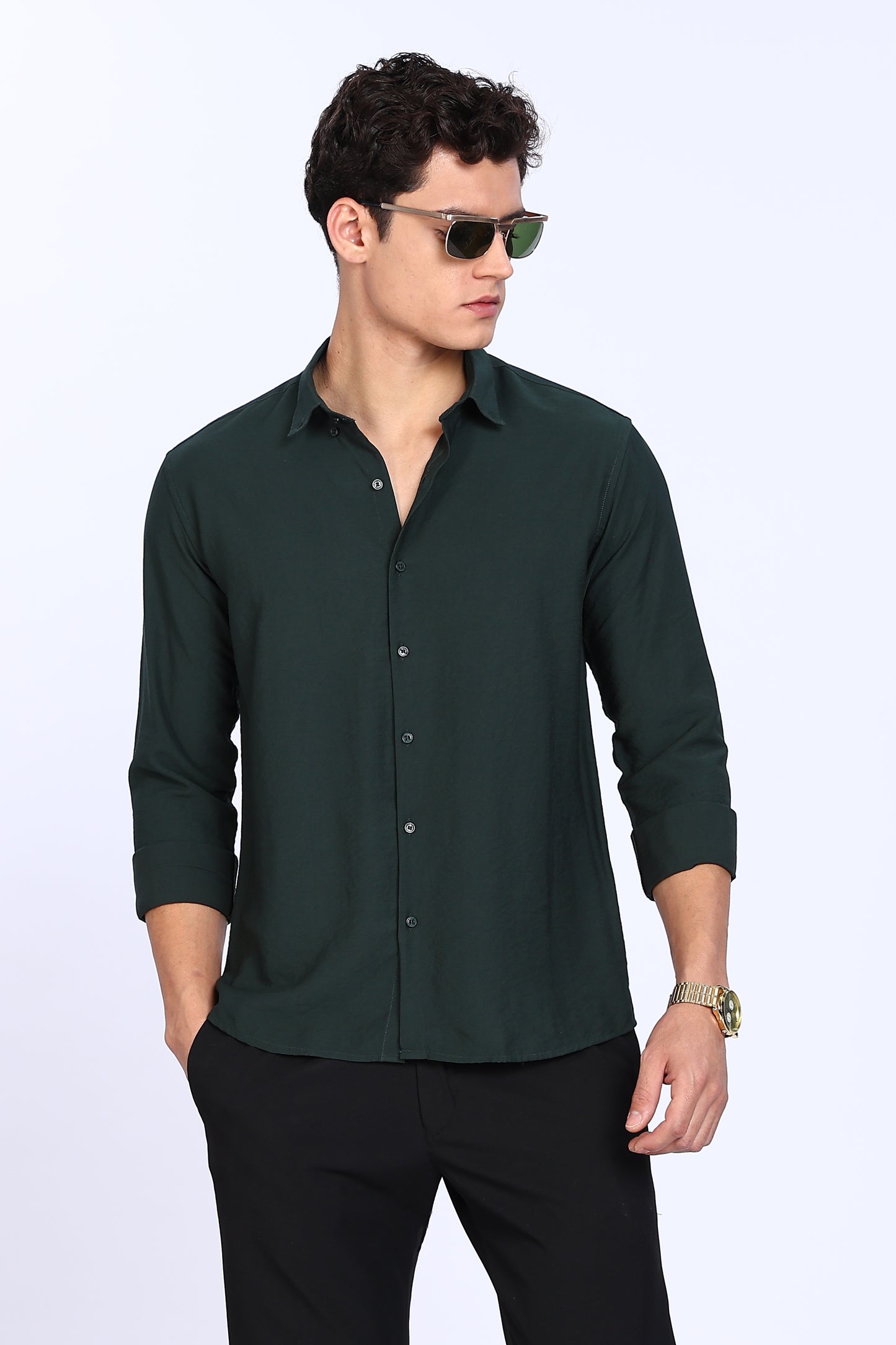 Regular Fit Dark Green Plain Blend Linen Shirts