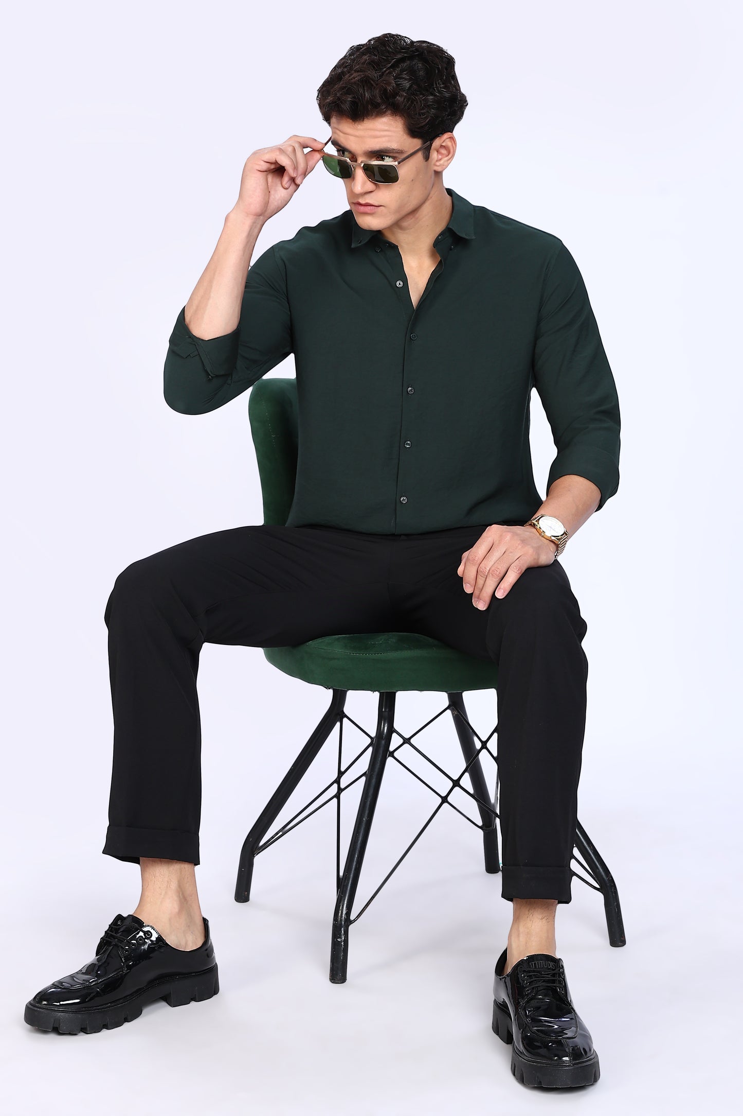 Regular Fit Dark Green Plain Blend Linen Shirts