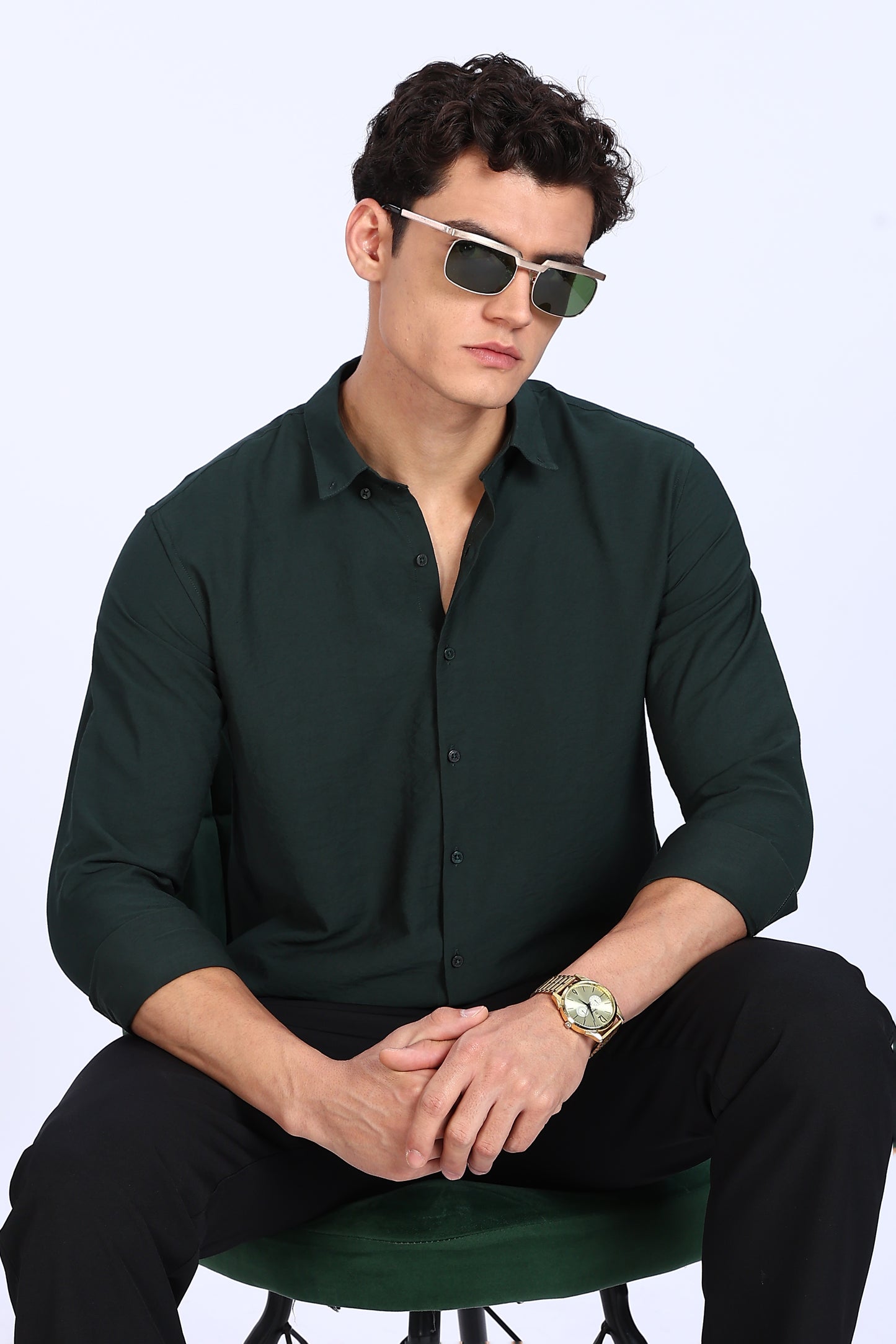 Regular Fit Dark Green Plain Blend Linen Shirts
