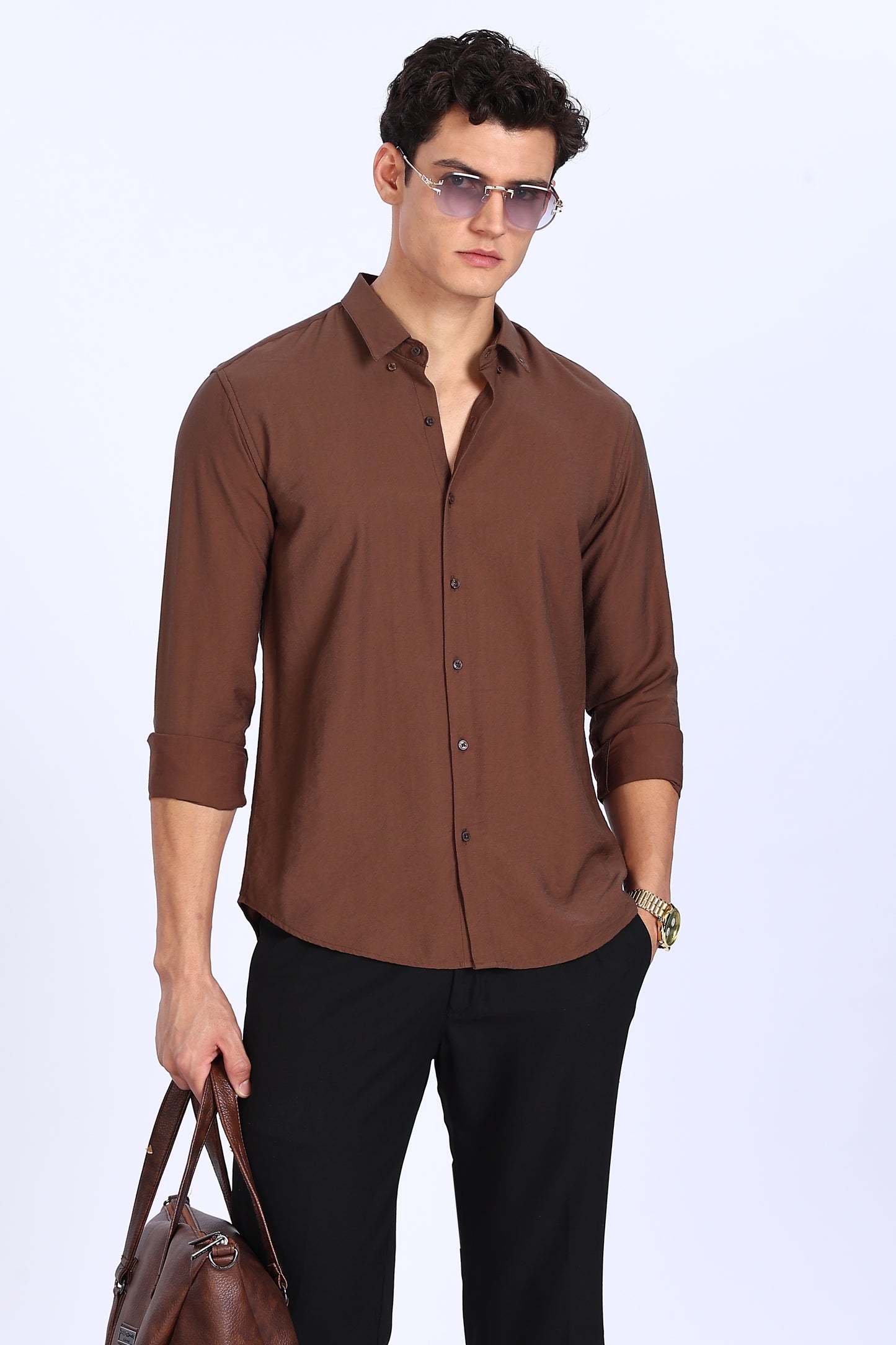 Regular Fit Brown Plain Linen Shirt