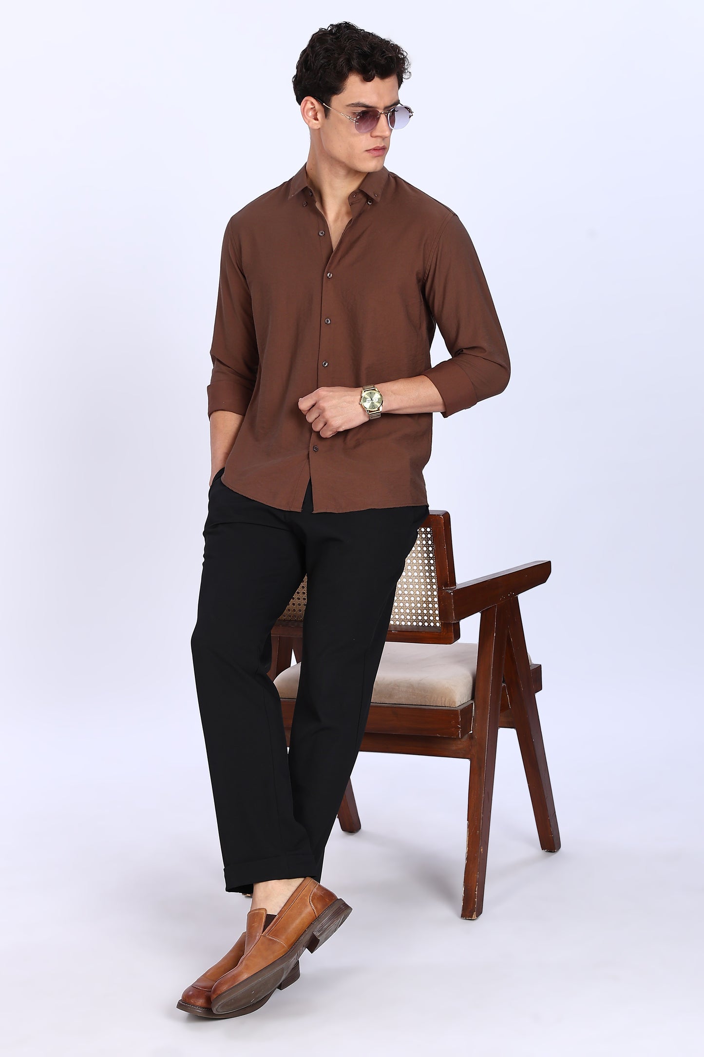 Regular Fit Brown Plain Linen Shirt