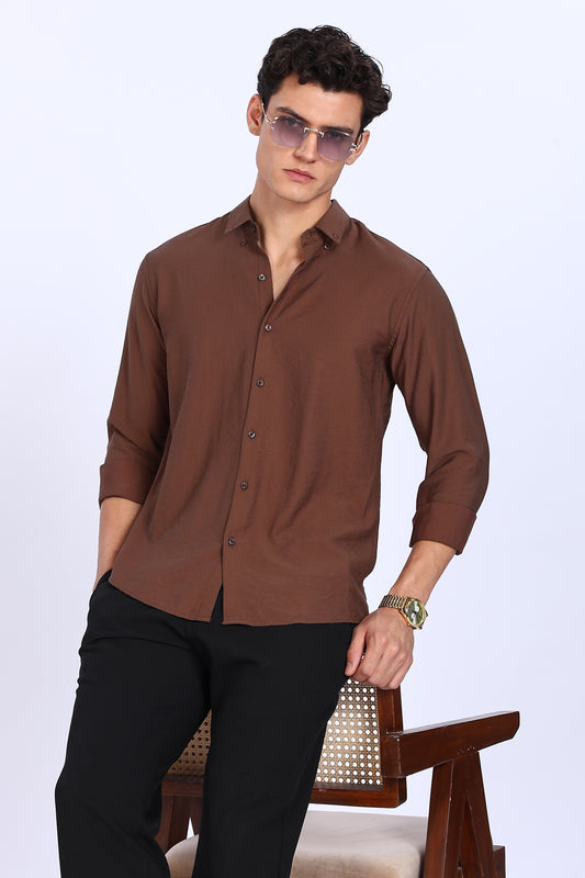 Brown Crushed Blended-Linen Slim Fit Shirt