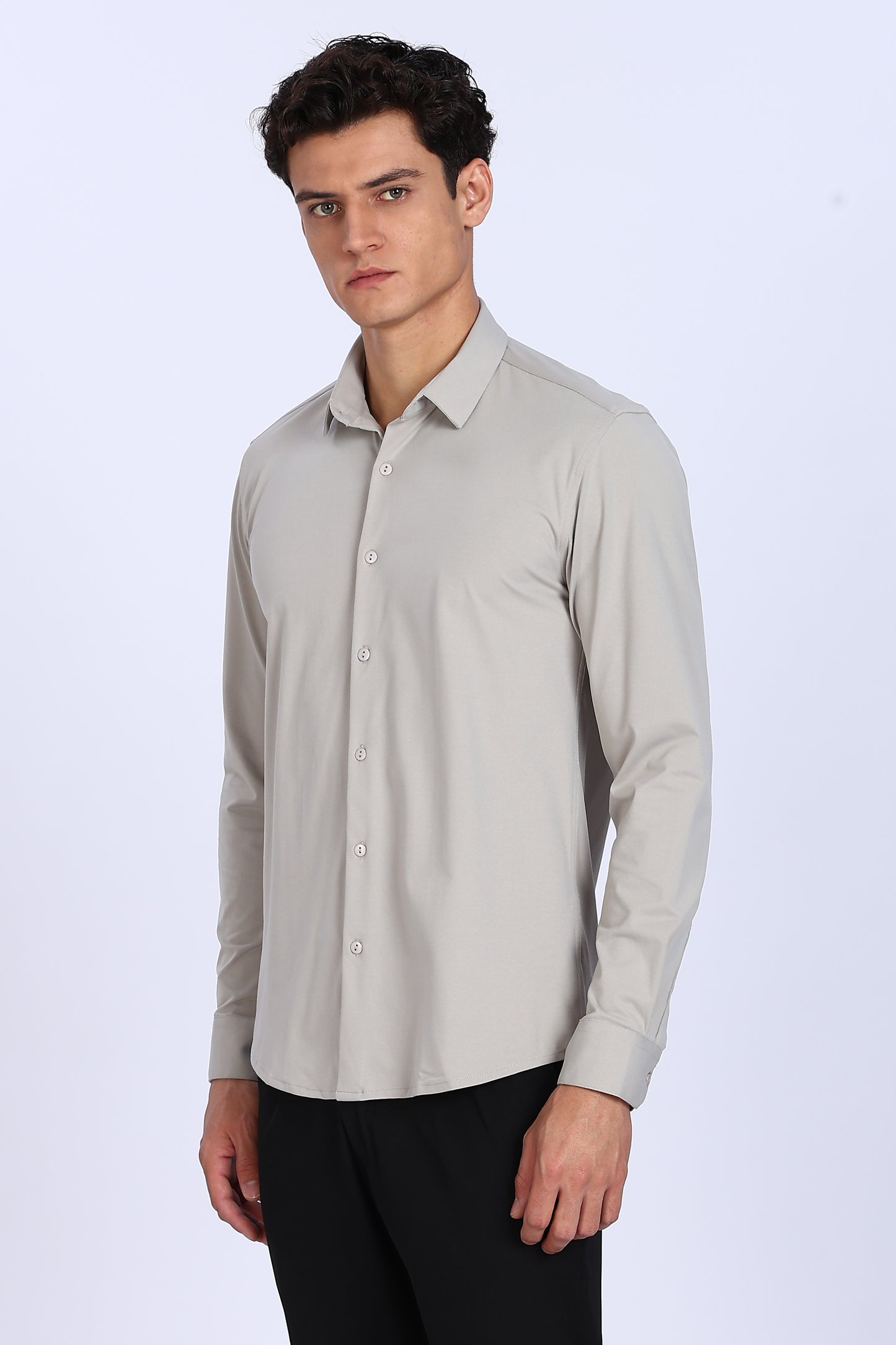 Regular Fit Light Grey Solid 4 Way Lycra Shirt