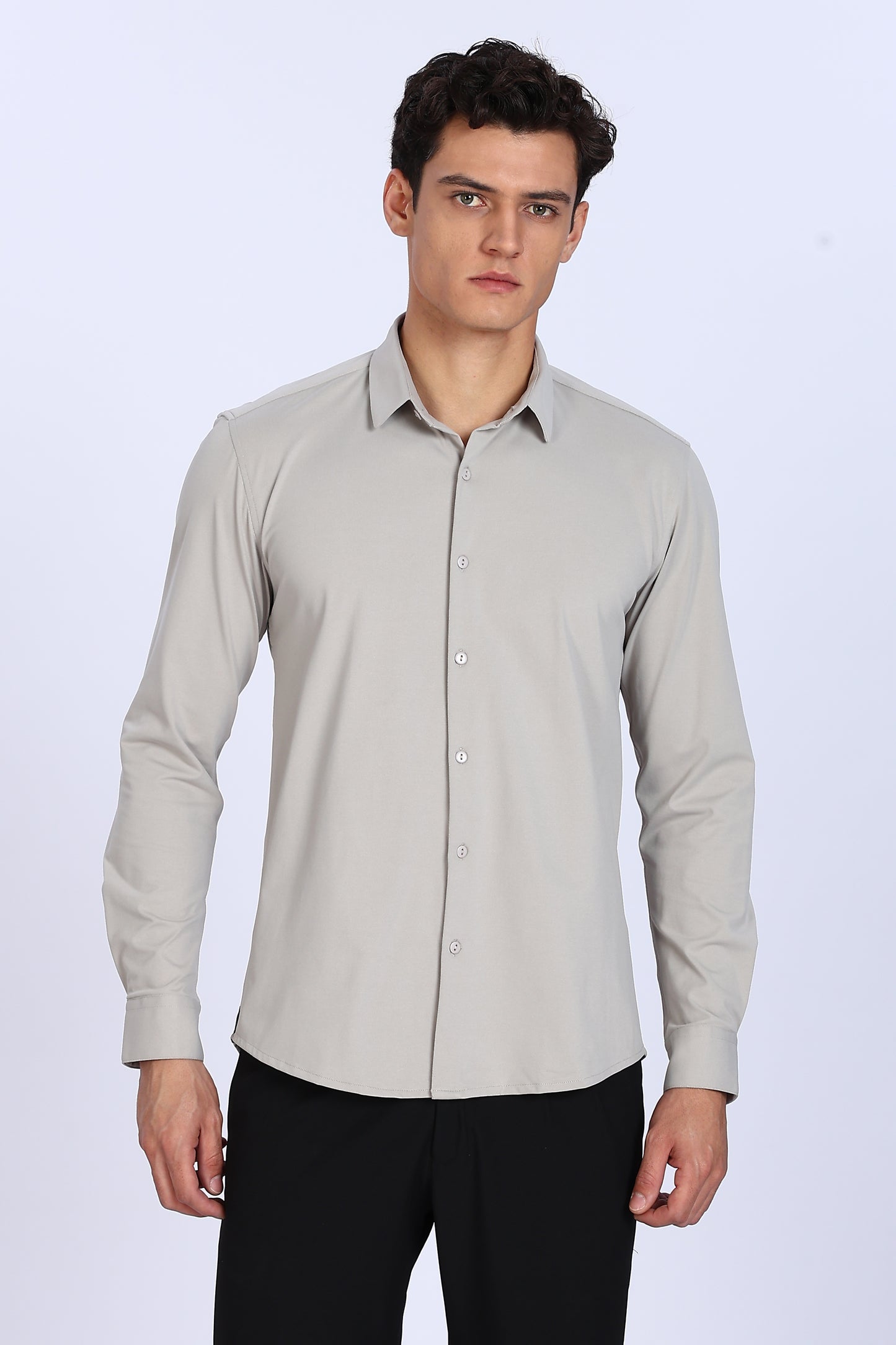 Regular Fit Light Grey Solid 4 Way Lycra Shirt