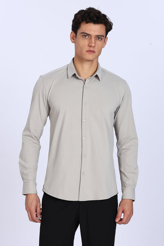 Regular Fit Light Grey Solid 4 Way Lycra Shirt
