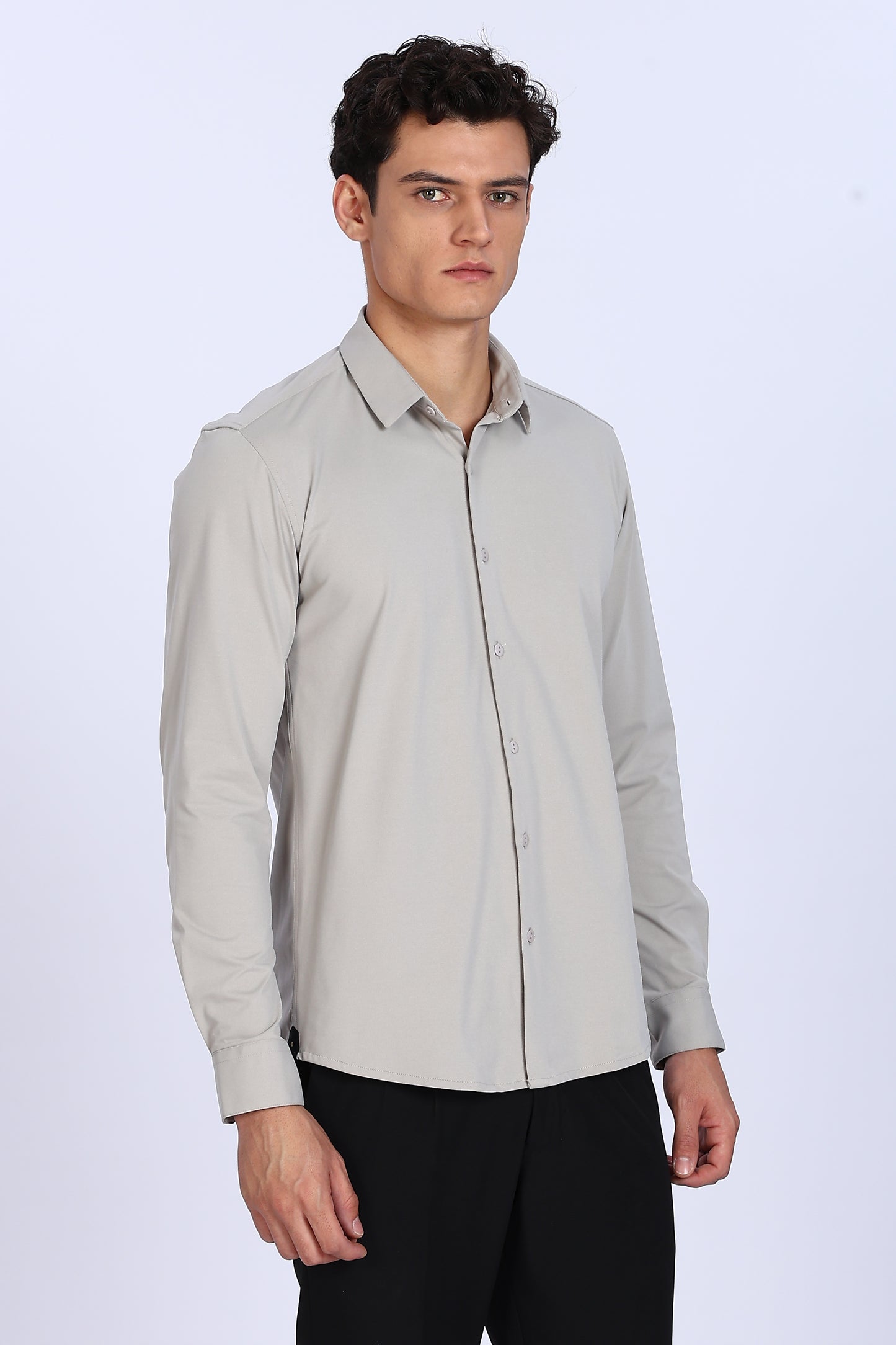Regular Fit Light Grey Solid 4 Way Lycra Shirt