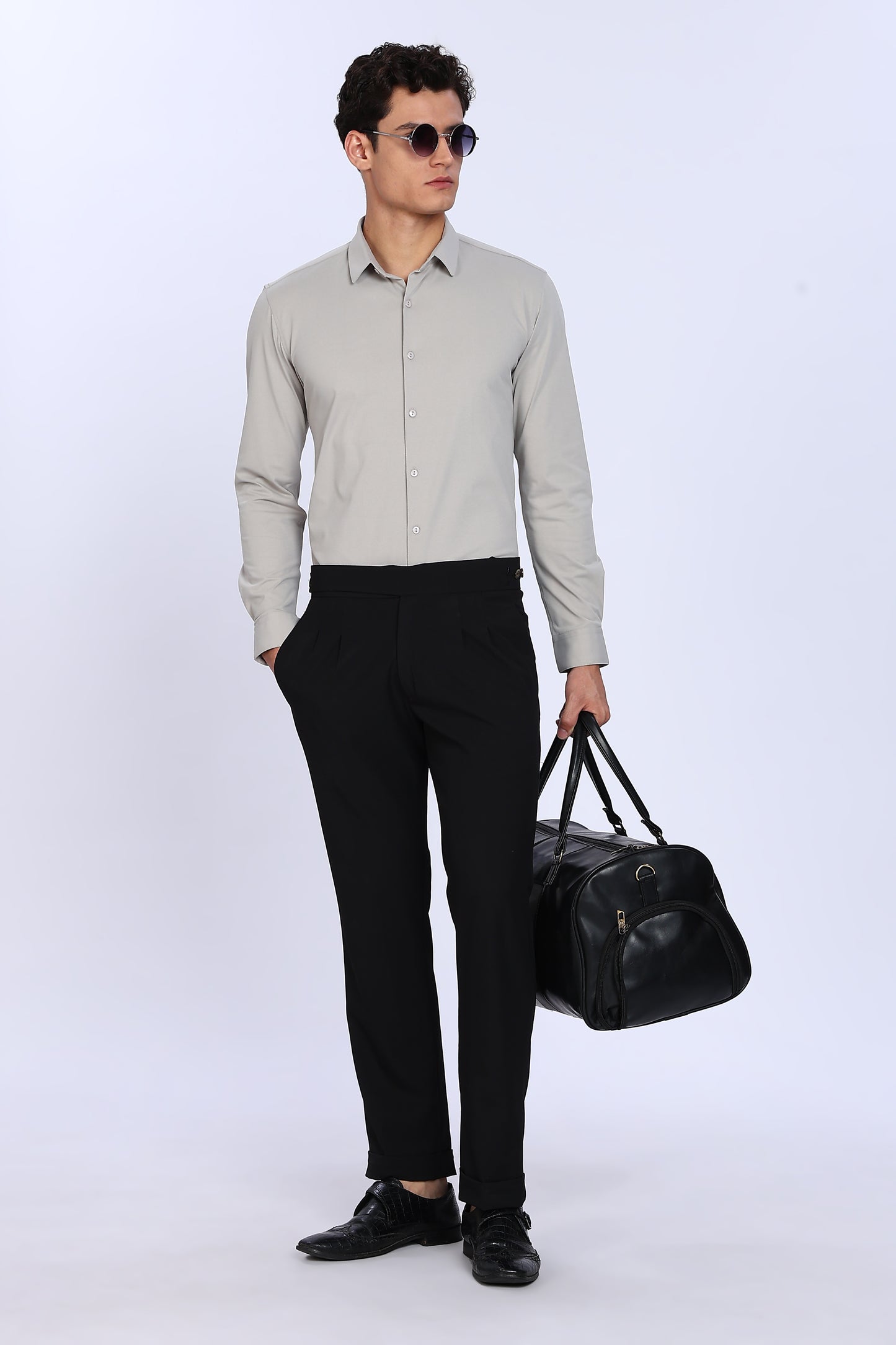Regular Fit Light Grey Solid 4 Way Lycra Shirt
