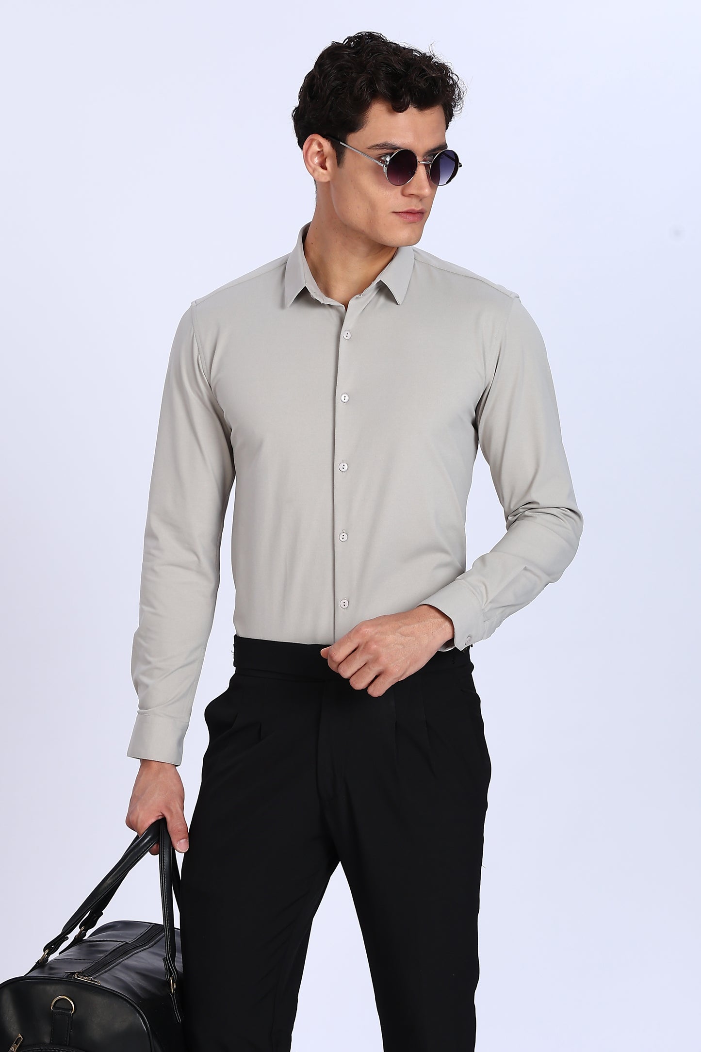 Regular Fit Light Grey Solid 4 Way Lycra Shirt