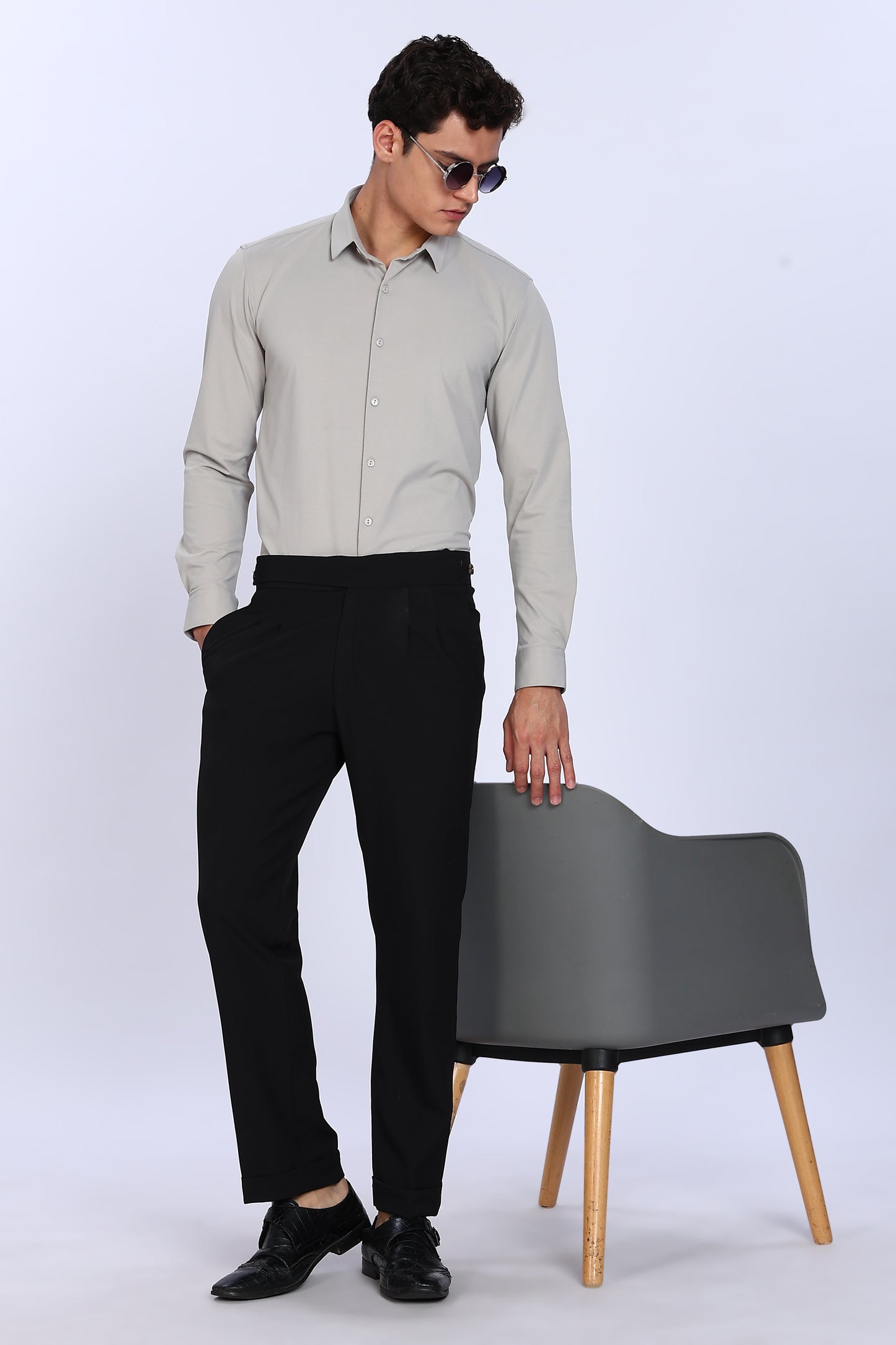 Regular Fit Light Grey Solid 4 Way Lycra Shirt