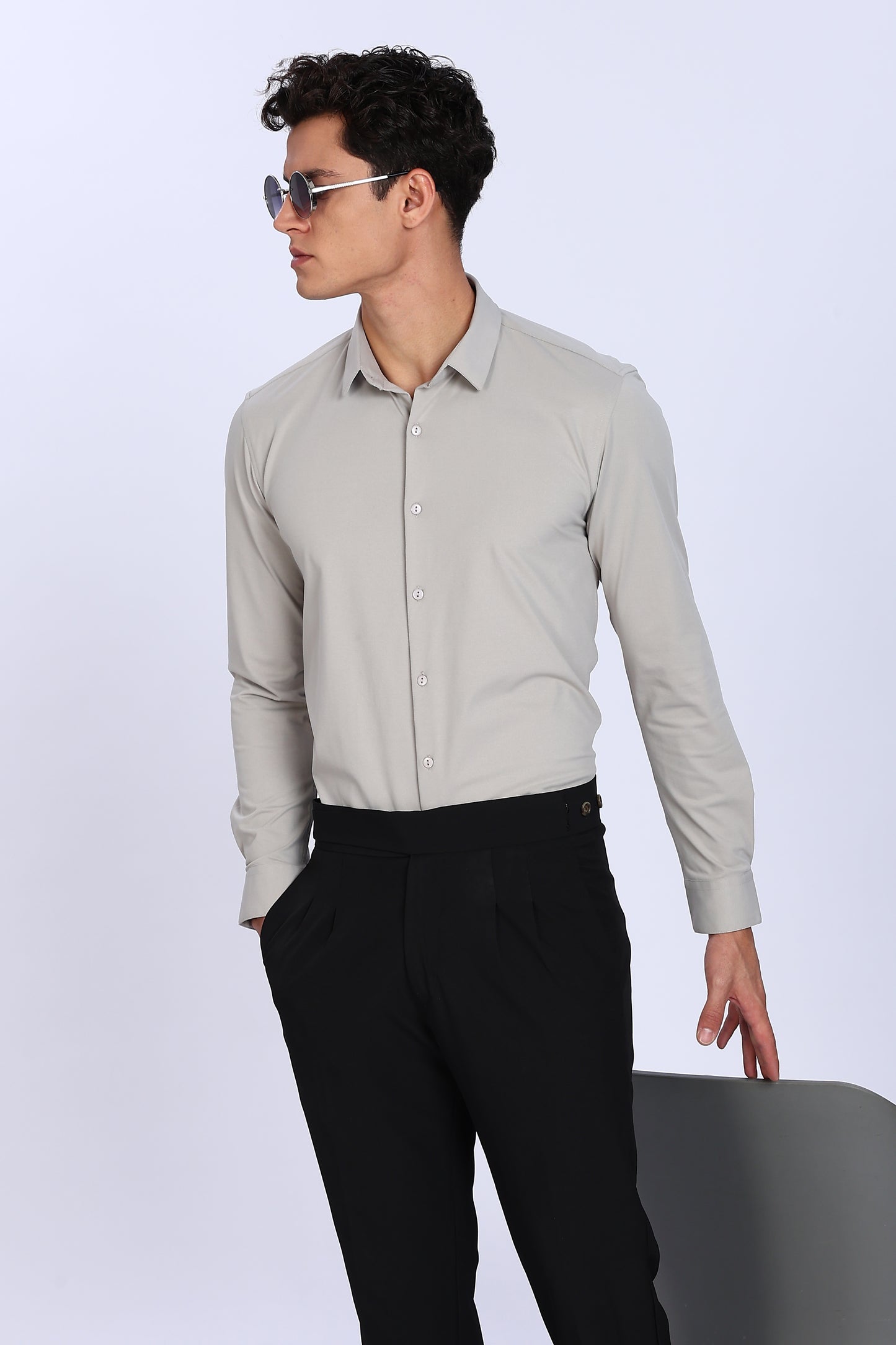 Regular Fit Light Grey Solid 4 Way Lycra Shirt