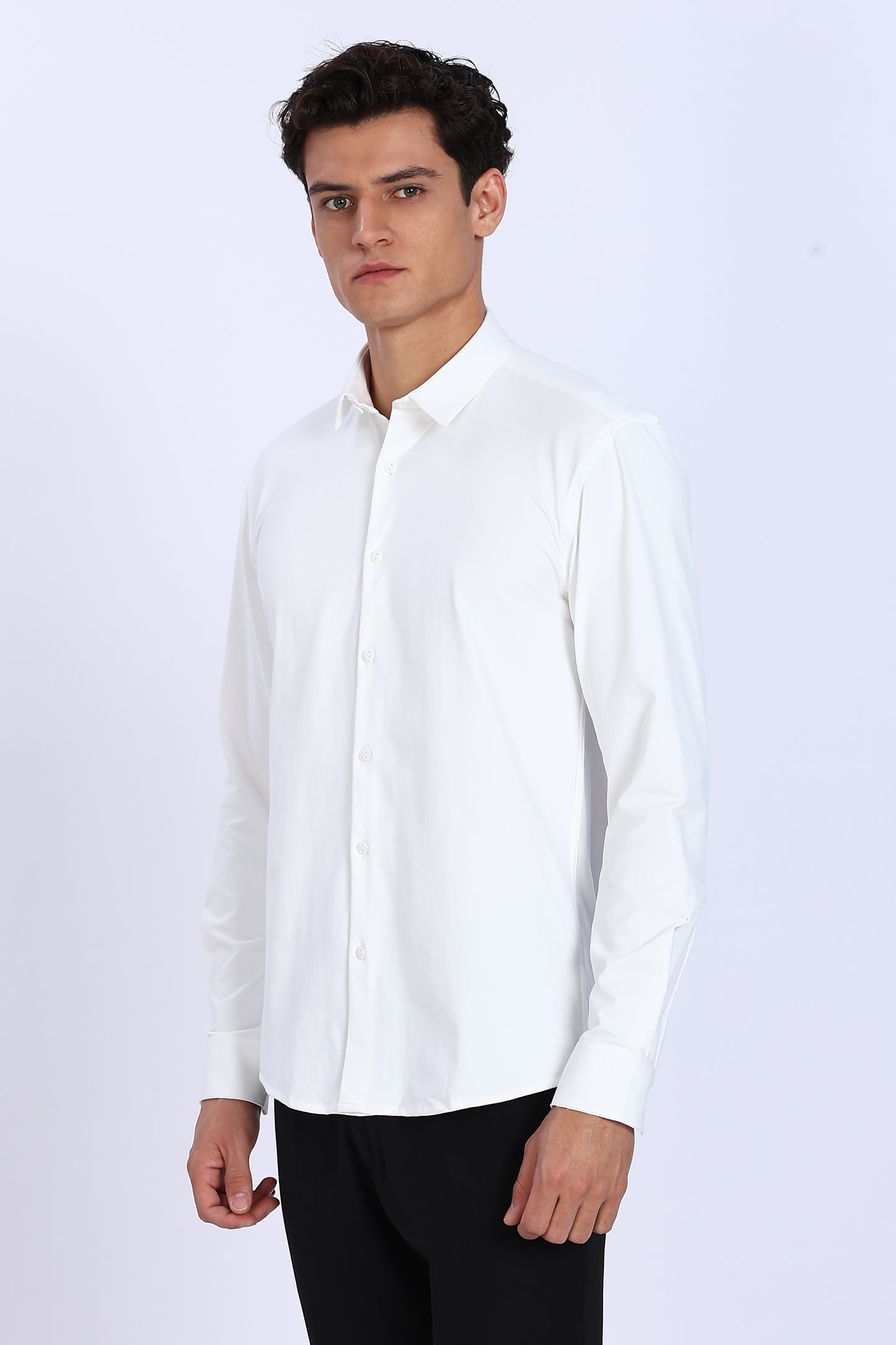 Regular Fit White 4 Way Lycra Solid Plain Shirt