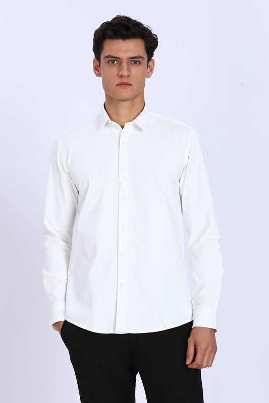 Regular Fit White 4 Way Lycra Solid Plain Shirt