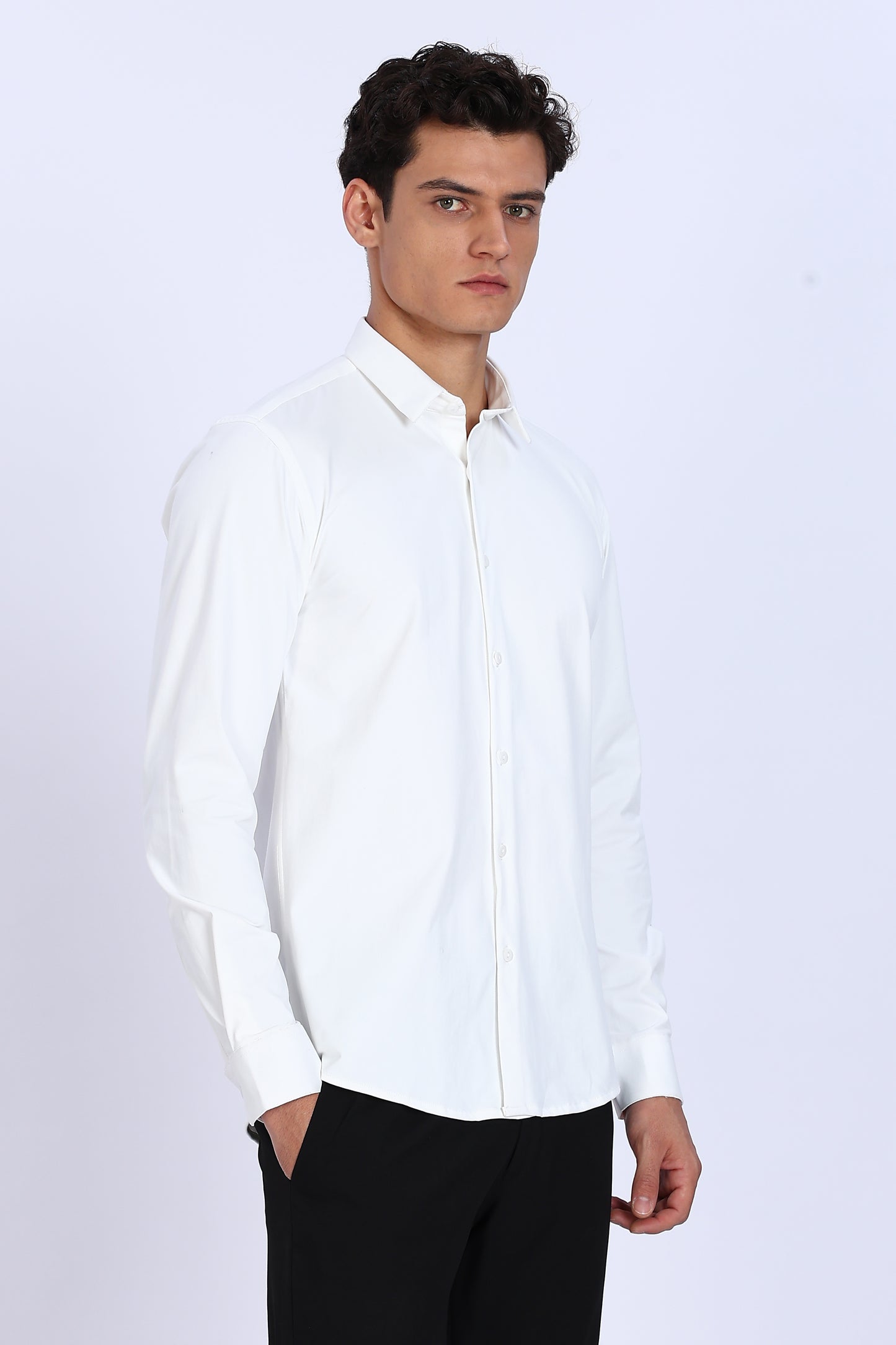 Regular Fit White 4 Way Lycra Solid Plain Shirt