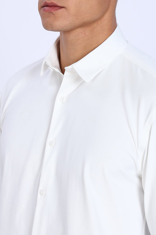 Regular Fit White 4 Way Lycra Solid Plain Shirt