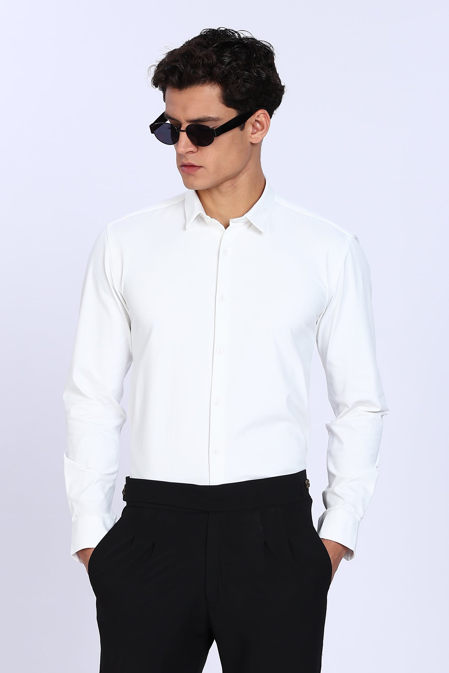Regular Fit White 4 Way Lycra Solid Plain Shirt