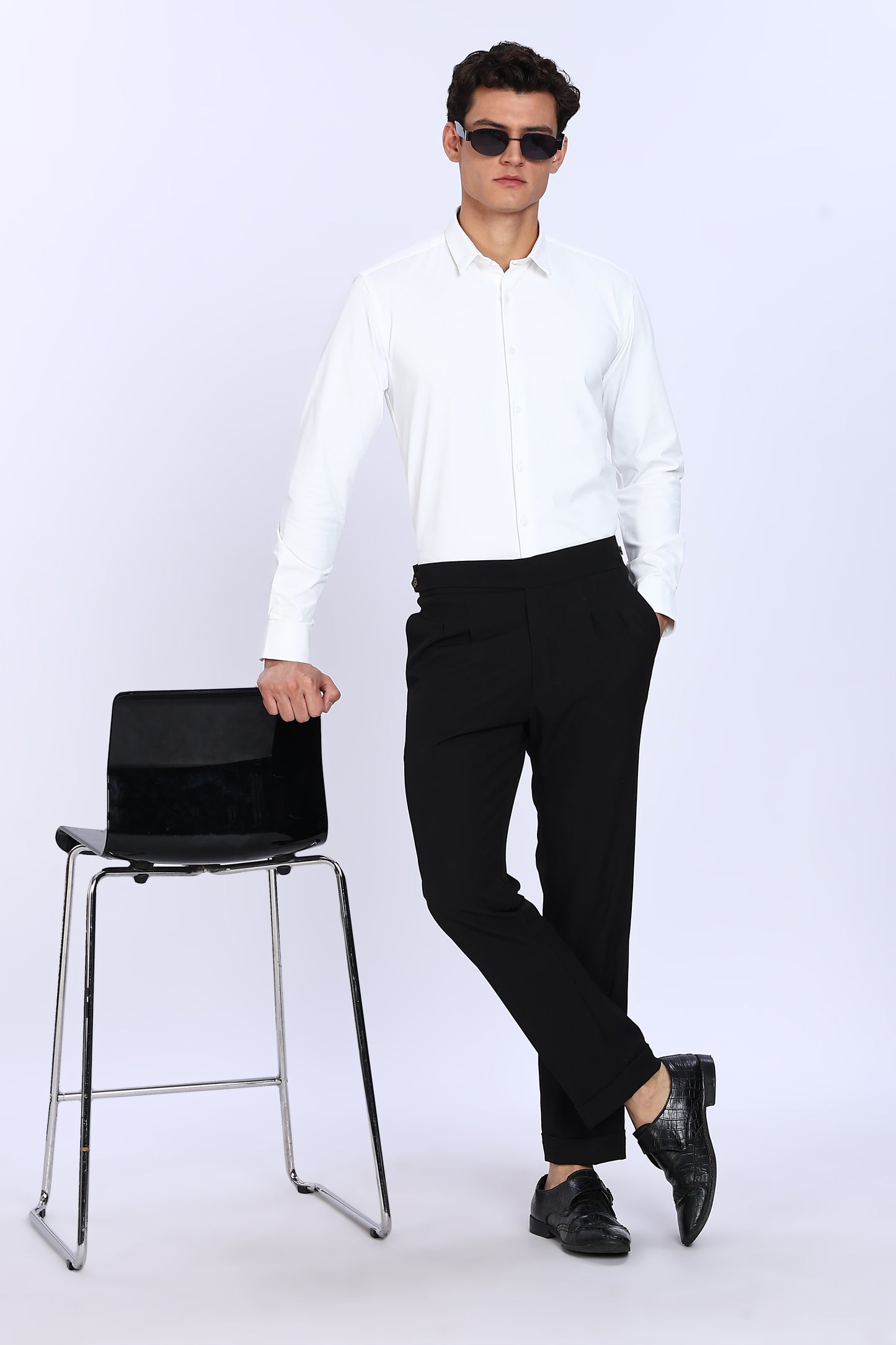 Regular Fit White 4 Way Lycra Solid Plain Shirt