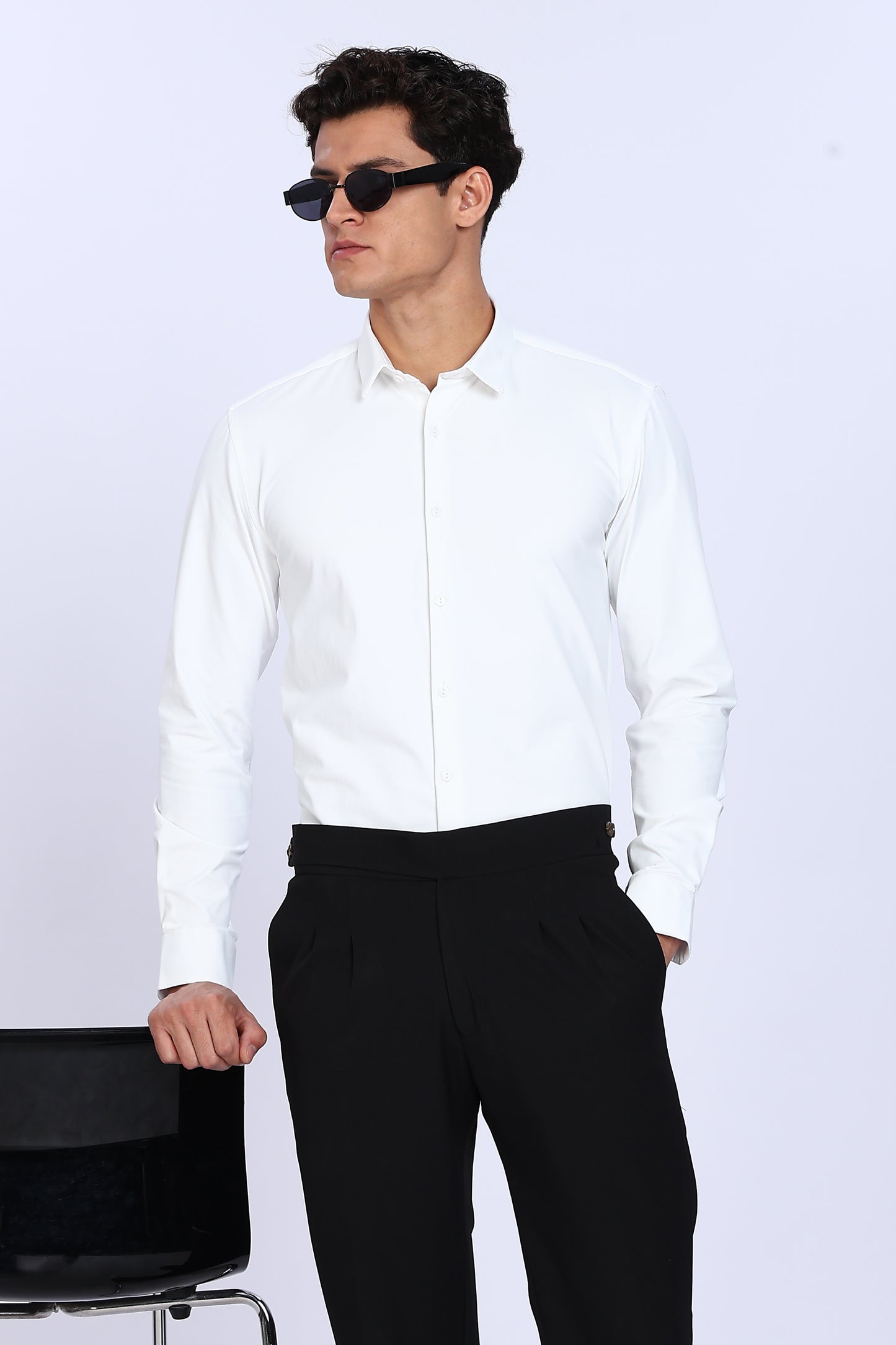 Regular Fit White 4 Way Lycra Solid Plain Shirt