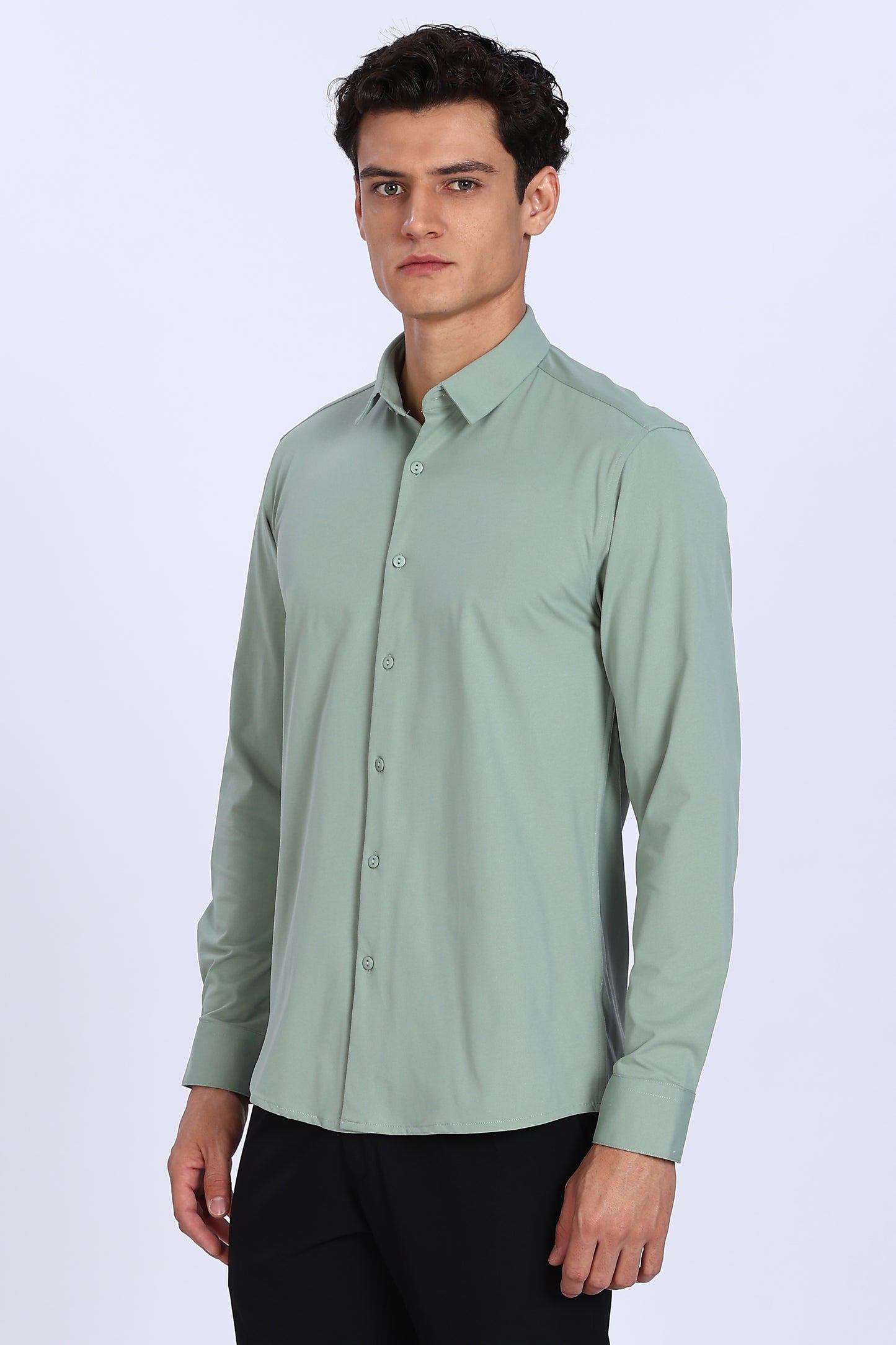 Regular Fit Pista Green 4 Way Lycra Solid Shirt