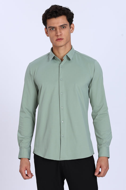 Regular Fit Pista Green 4 Way Lycra Solid Shirt