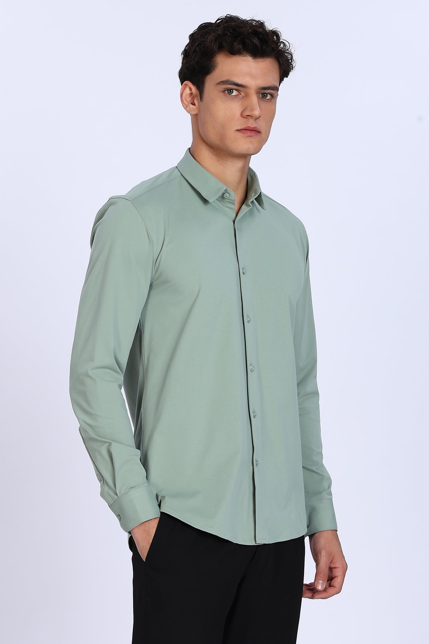 Regular Fit Pista Green 4 Way Lycra Solid Shirt