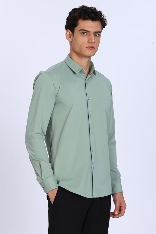 Regular Fit Pista Green 4 Way Lycra Solid Shirt