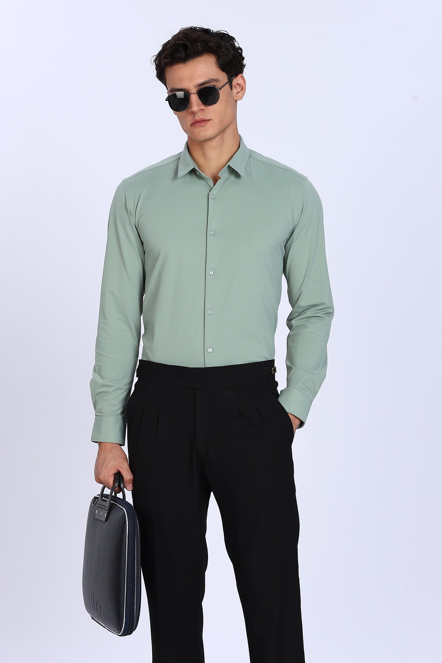 Regular Fit Pista Green 4 Way Lycra Solid Shirt