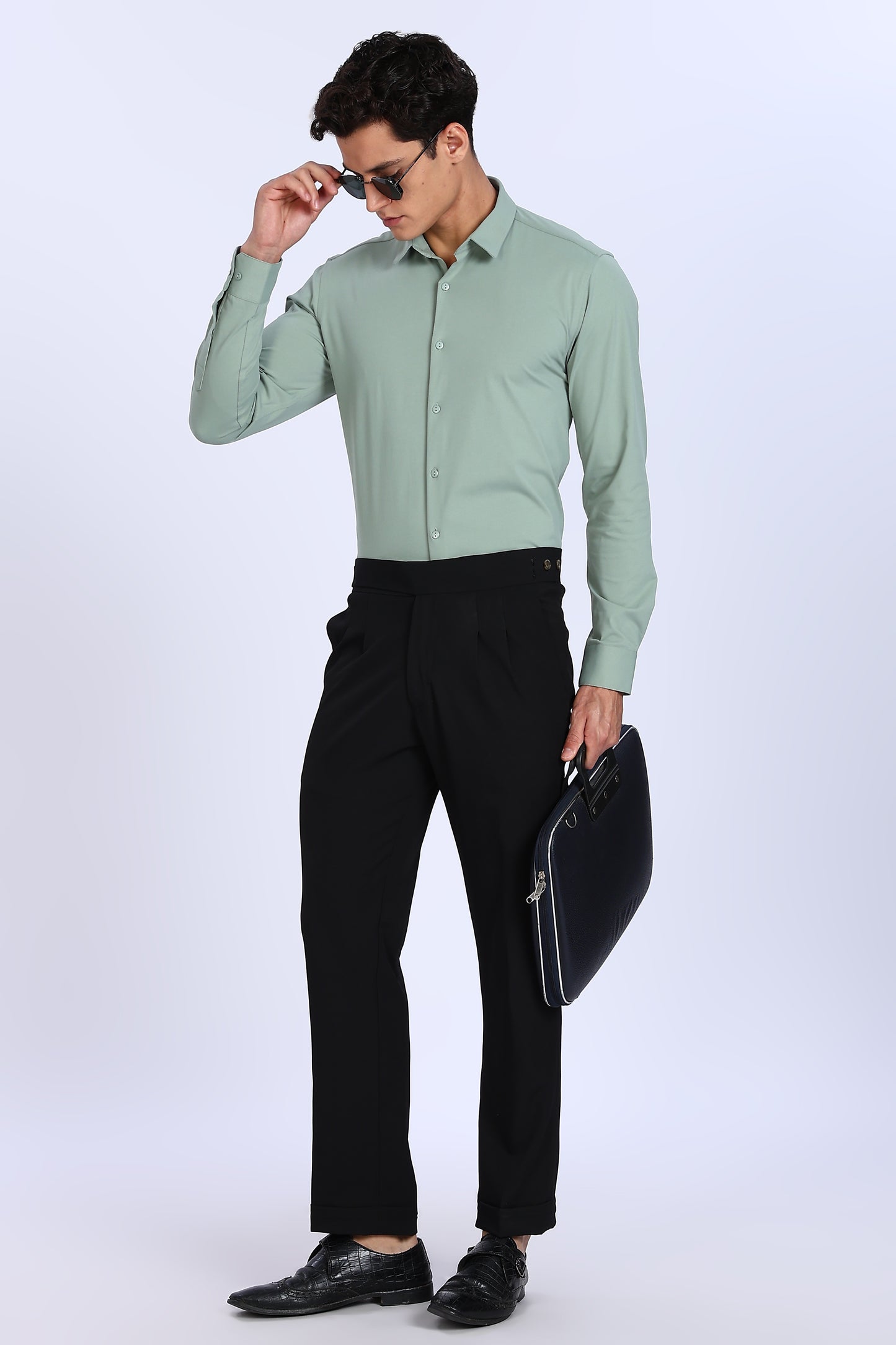 Regular Fit Pista Green 4 Way Lycra Solid Shirt