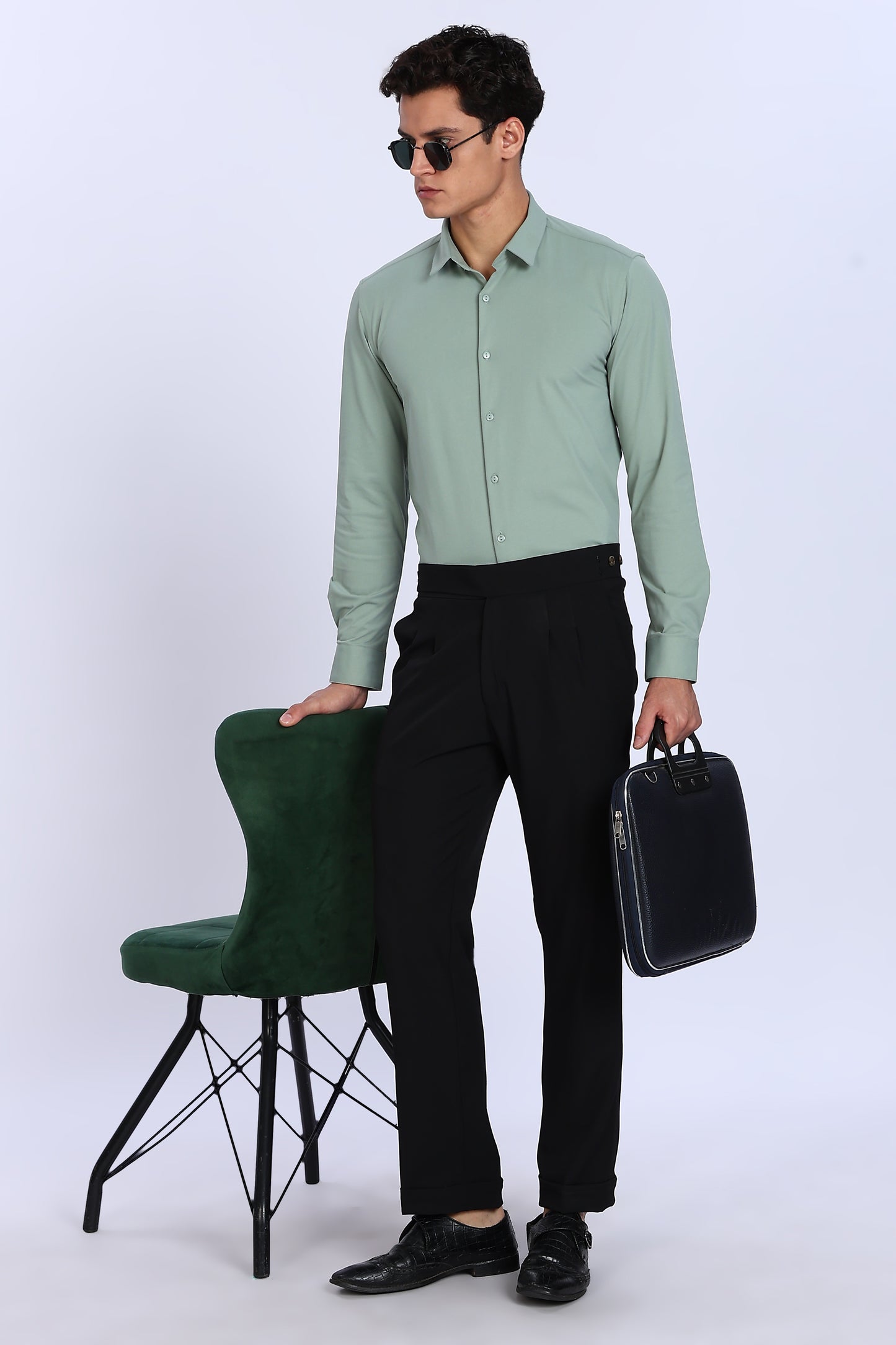 Regular Fit Pista Green 4 Way Lycra Solid Shirt