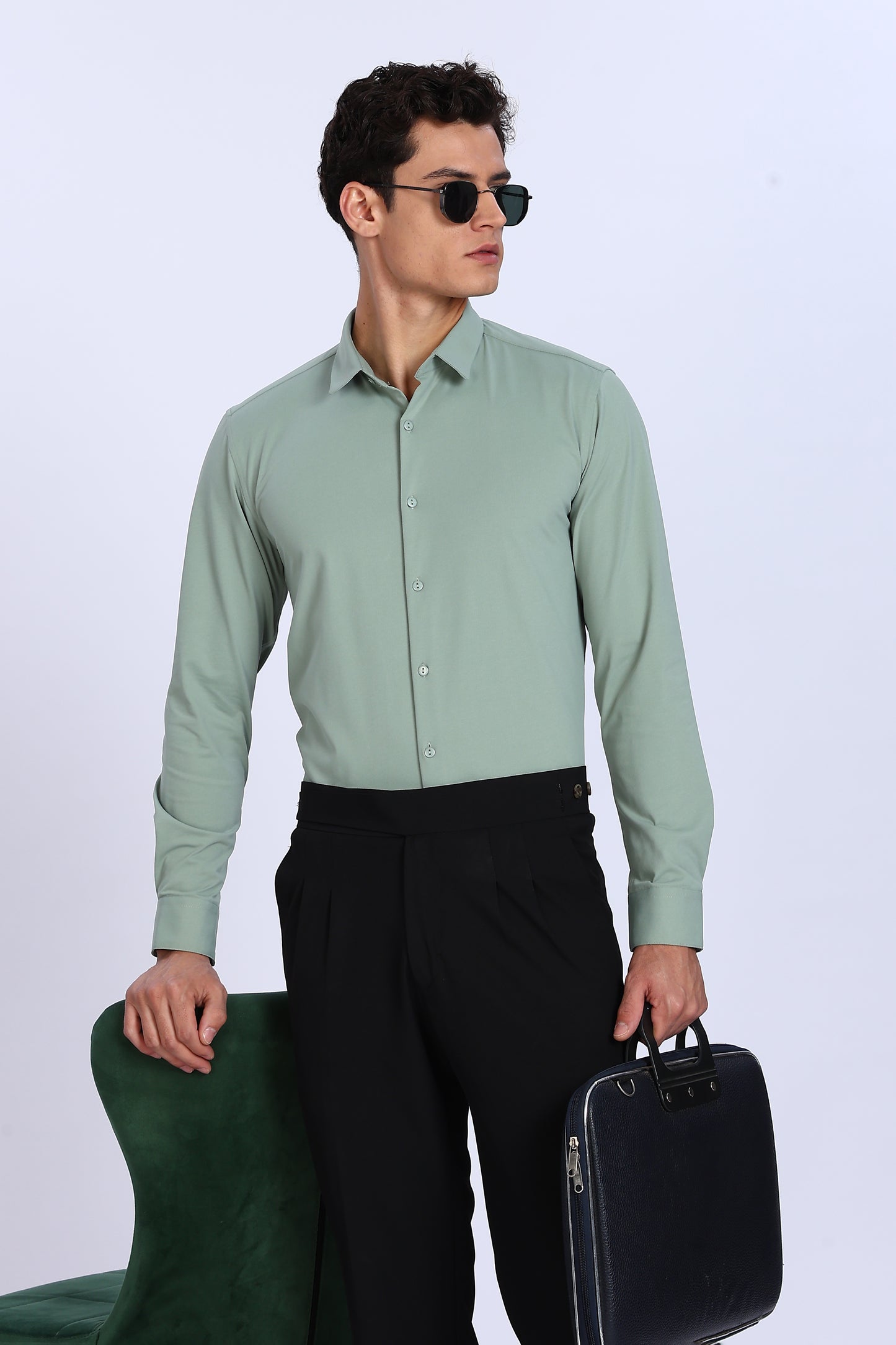 Regular Fit Pista Green 4 Way Lycra Solid Shirt