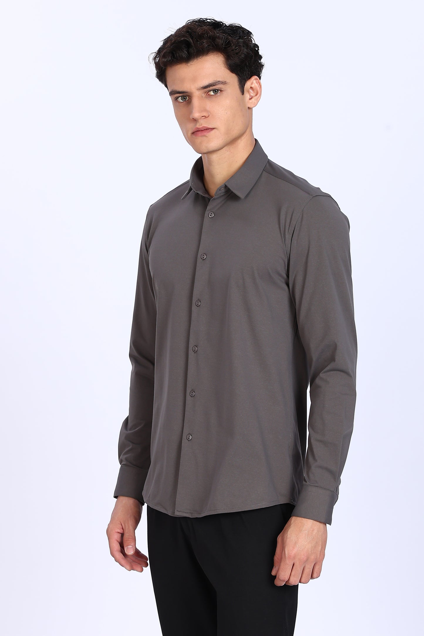 Regular Fit Dark Grey Solid 4 Way Lycra Shirt