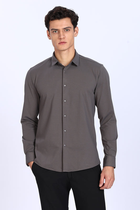 Regular Fit Dark Grey Solid 4 Way Lycra Shirt