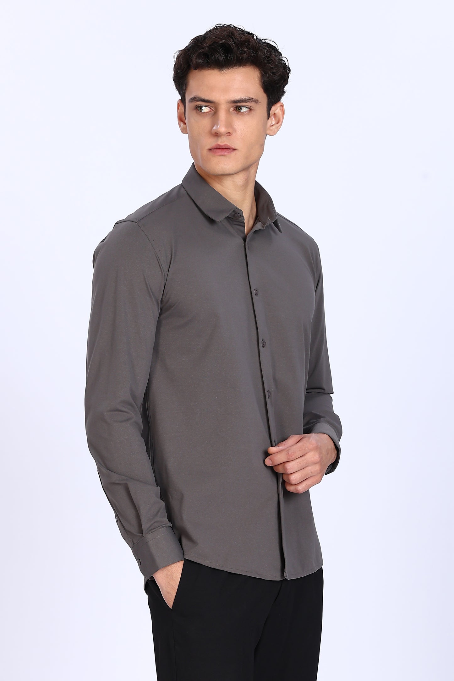 Regular Fit Dark Grey Solid 4 Way Lycra Shirt