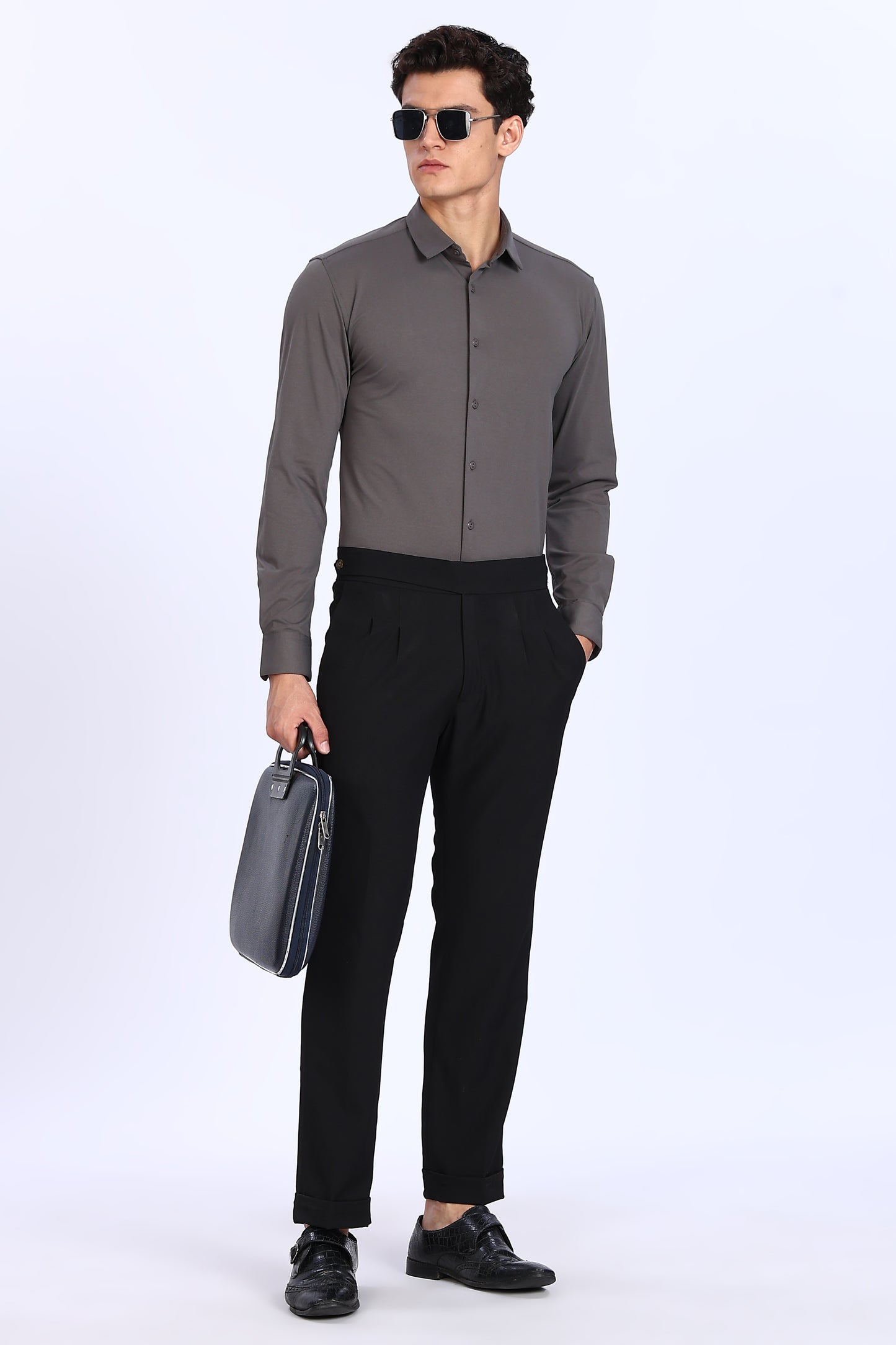 Regular Fit Dark Grey Solid 4 Way Lycra Shirt