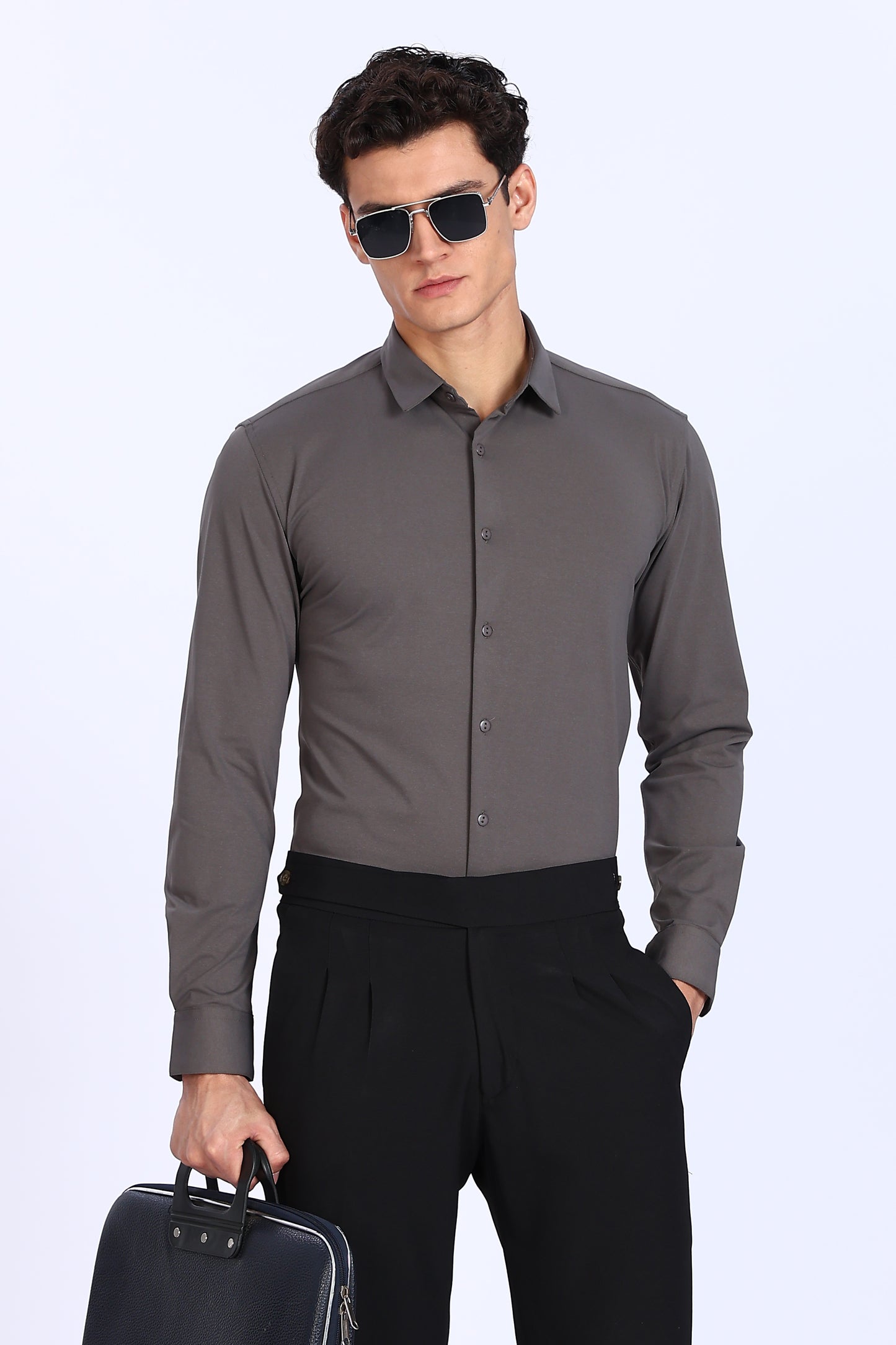 Regular Fit Dark Grey Solid 4 Way Lycra Shirt