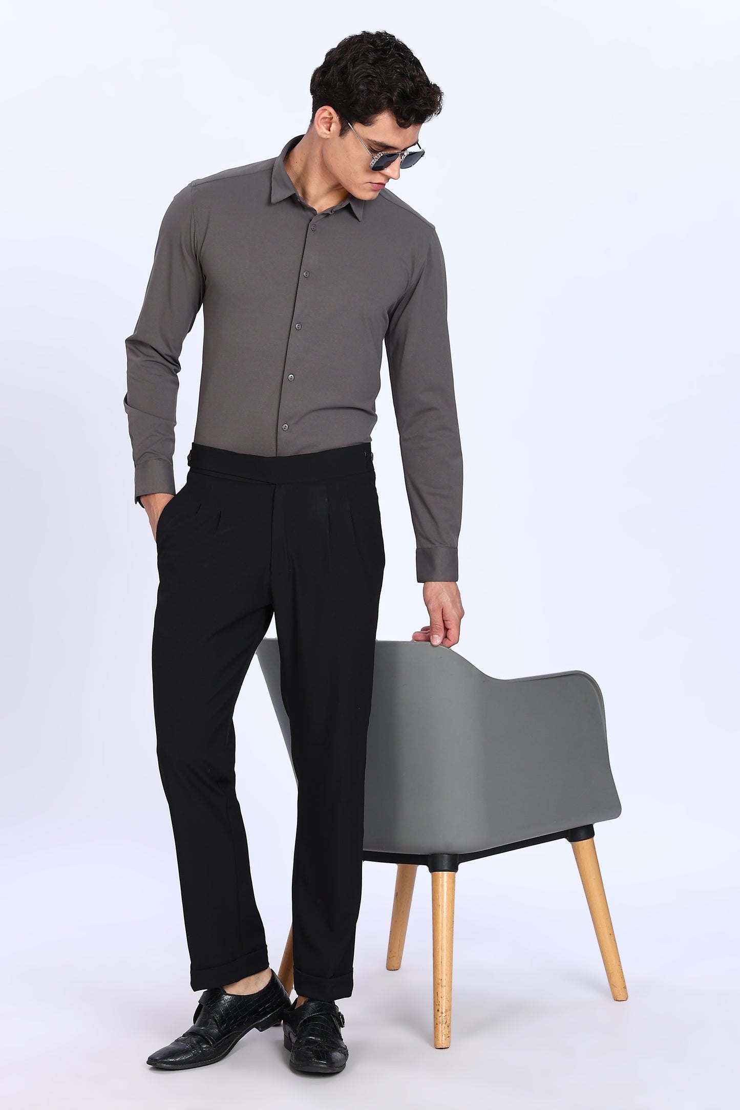 Regular Fit Dark Grey Solid 4 Way Lycra Shirt