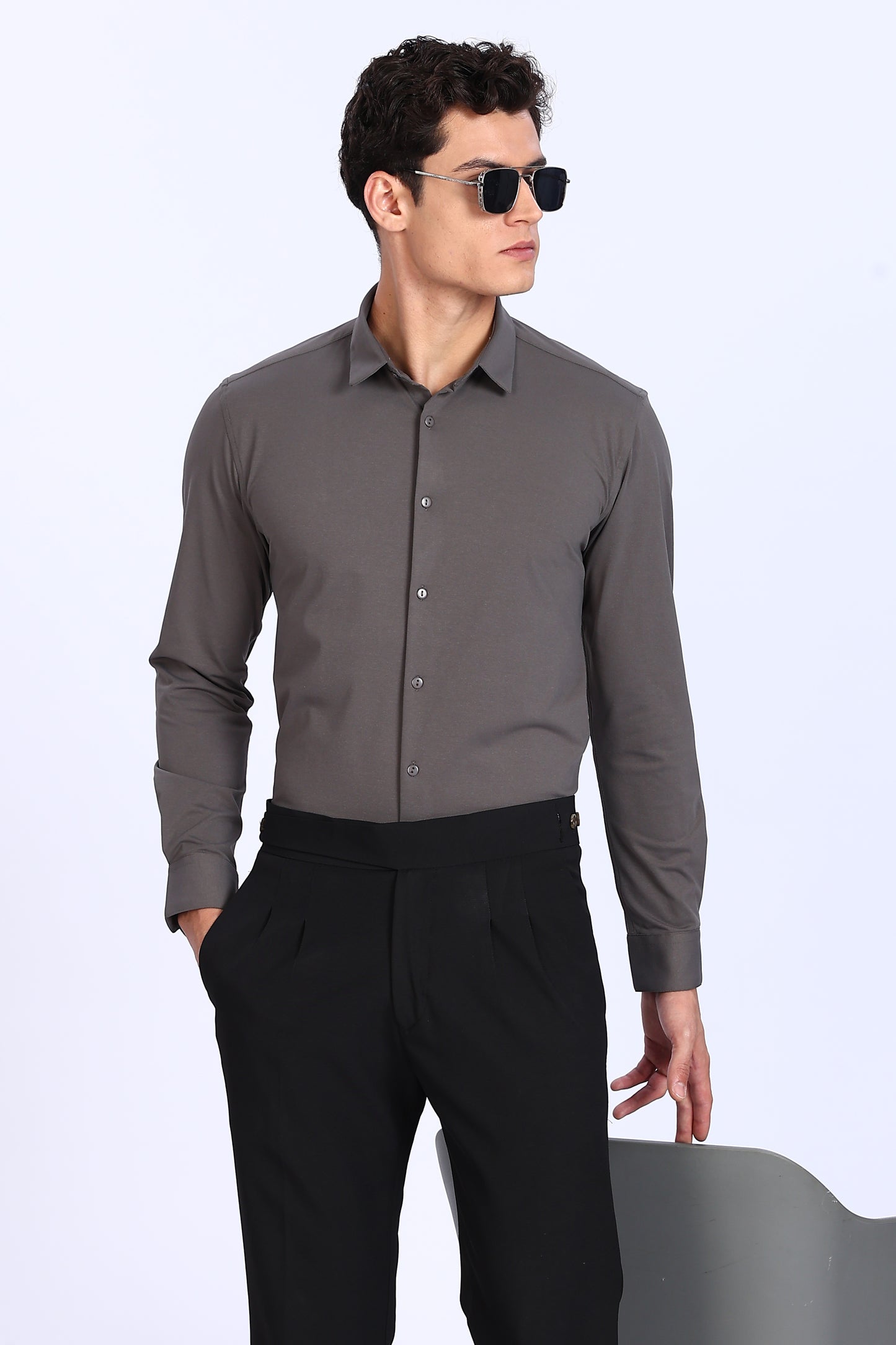 Regular Fit Dark Grey Solid 4 Way Lycra Shirt