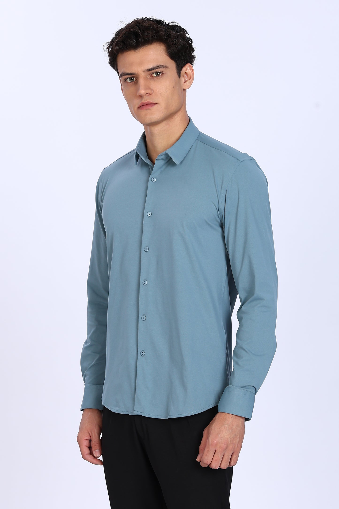 Regular Fit Light Blue 4 Way Lycra Hybrid Plain Shirt