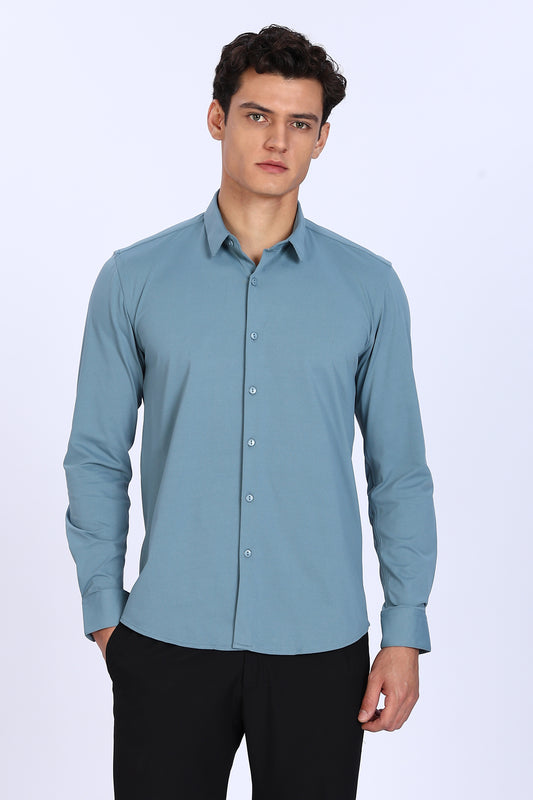Regular Fit Light Blue 4 Way Lycra Hybrid Plain Shirt