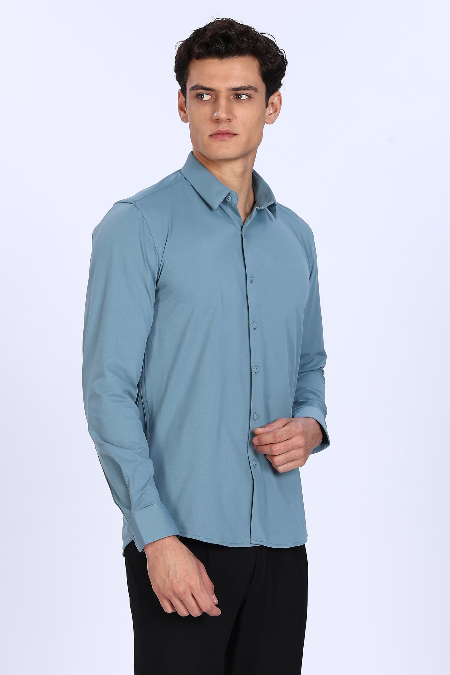 Regular Fit Light Blue 4 Way Lycra Hybrid Plain Shirt