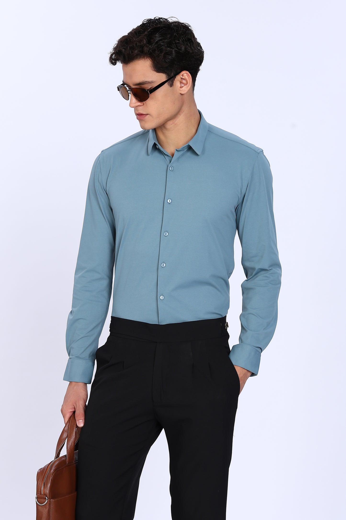 Regular Fit Light Blue 4 Way Lycra Hybrid Plain Shirt