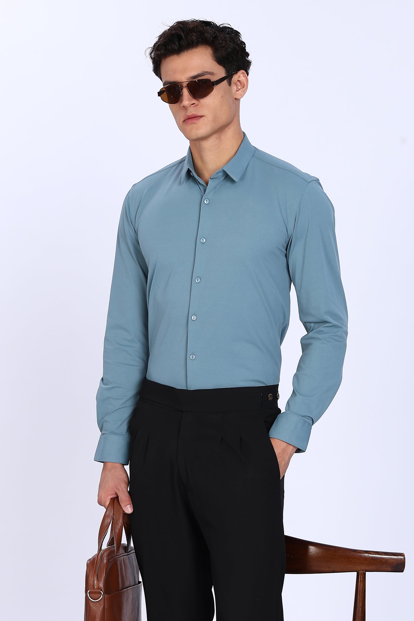 Regular Fit Light Blue 4 Way Lycra Hybrid Plain Shirt