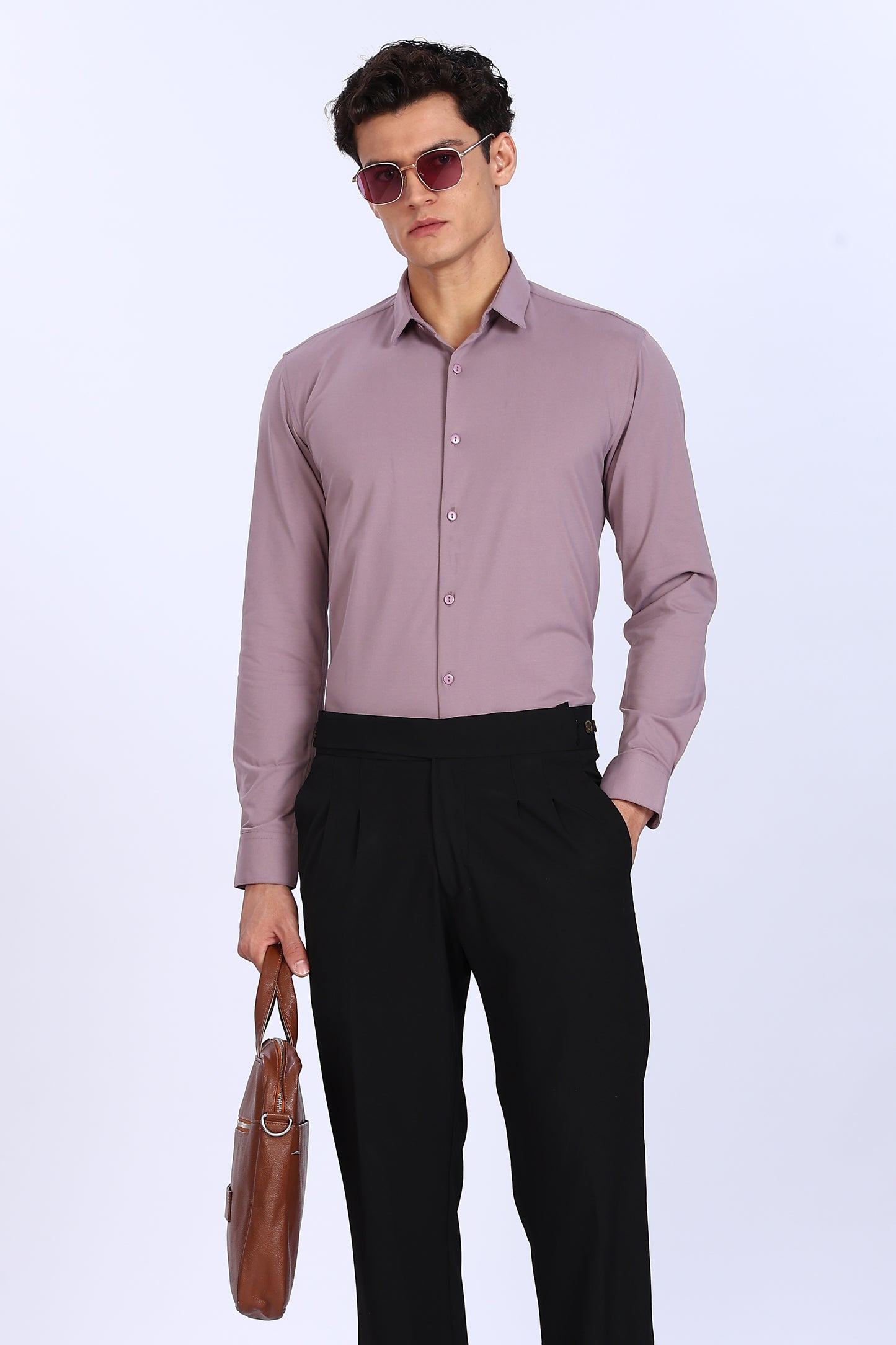 Regular Fit Light Purple Solid 4 Way Lycra Shirt