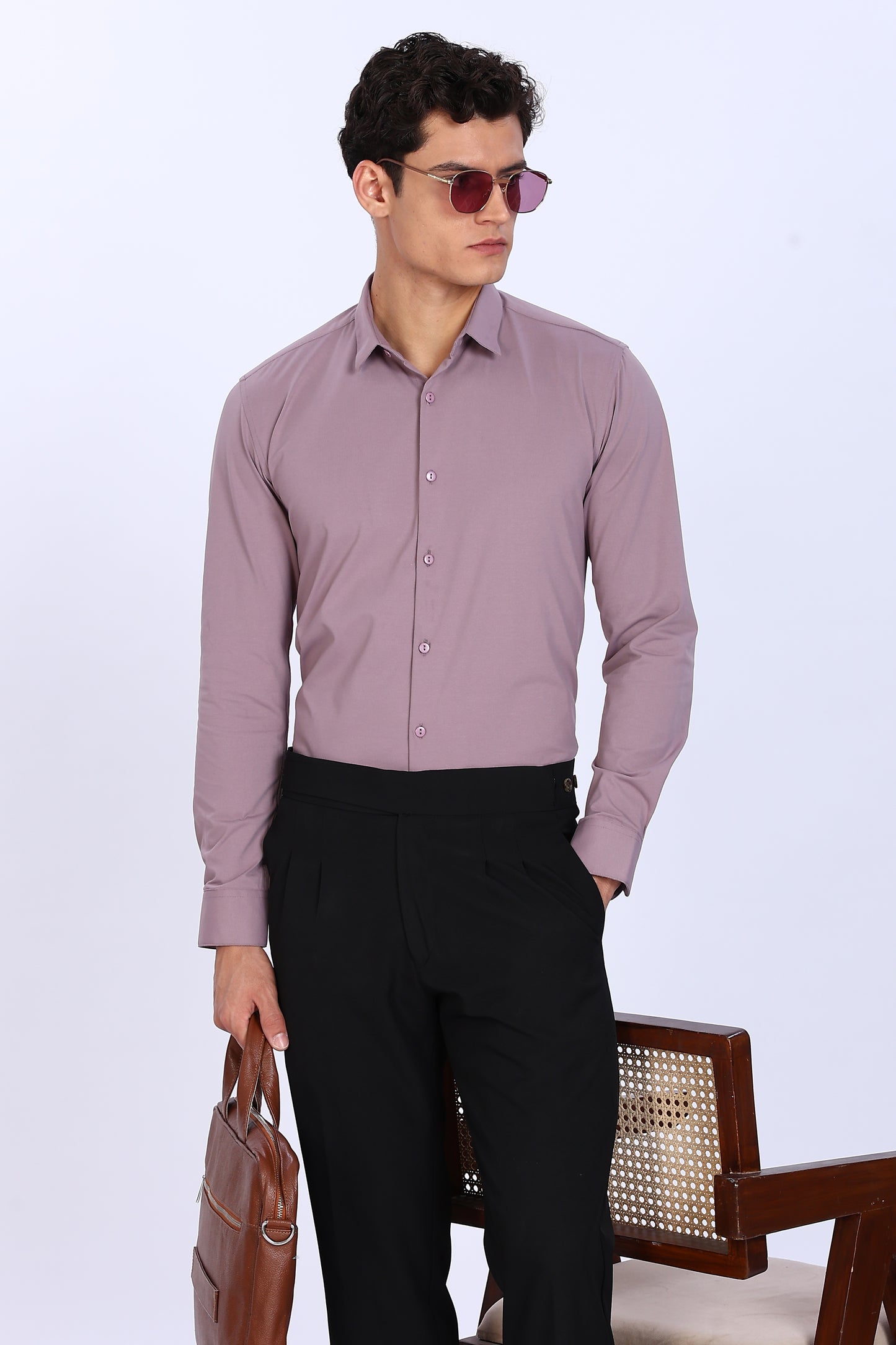 Regular Fit Light Purple Solid 4 Way Lycra Shirt