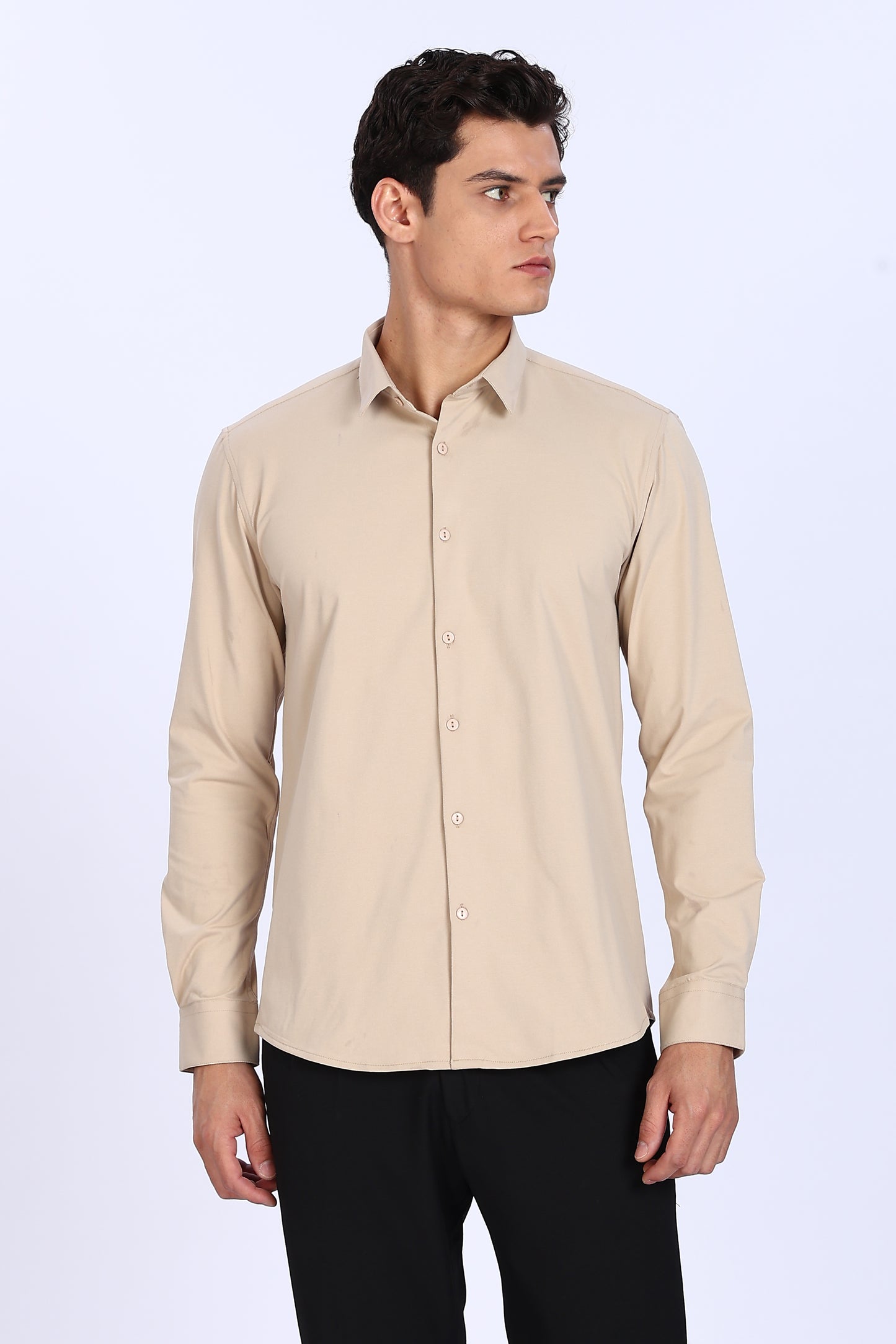 Regular Fit Solid 4 way Light Beige Lycra Shirt