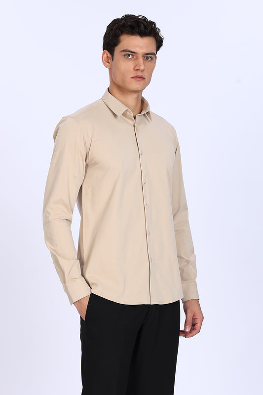 Regular Fit Solid 4 way Light Beige Lycra Shirt
