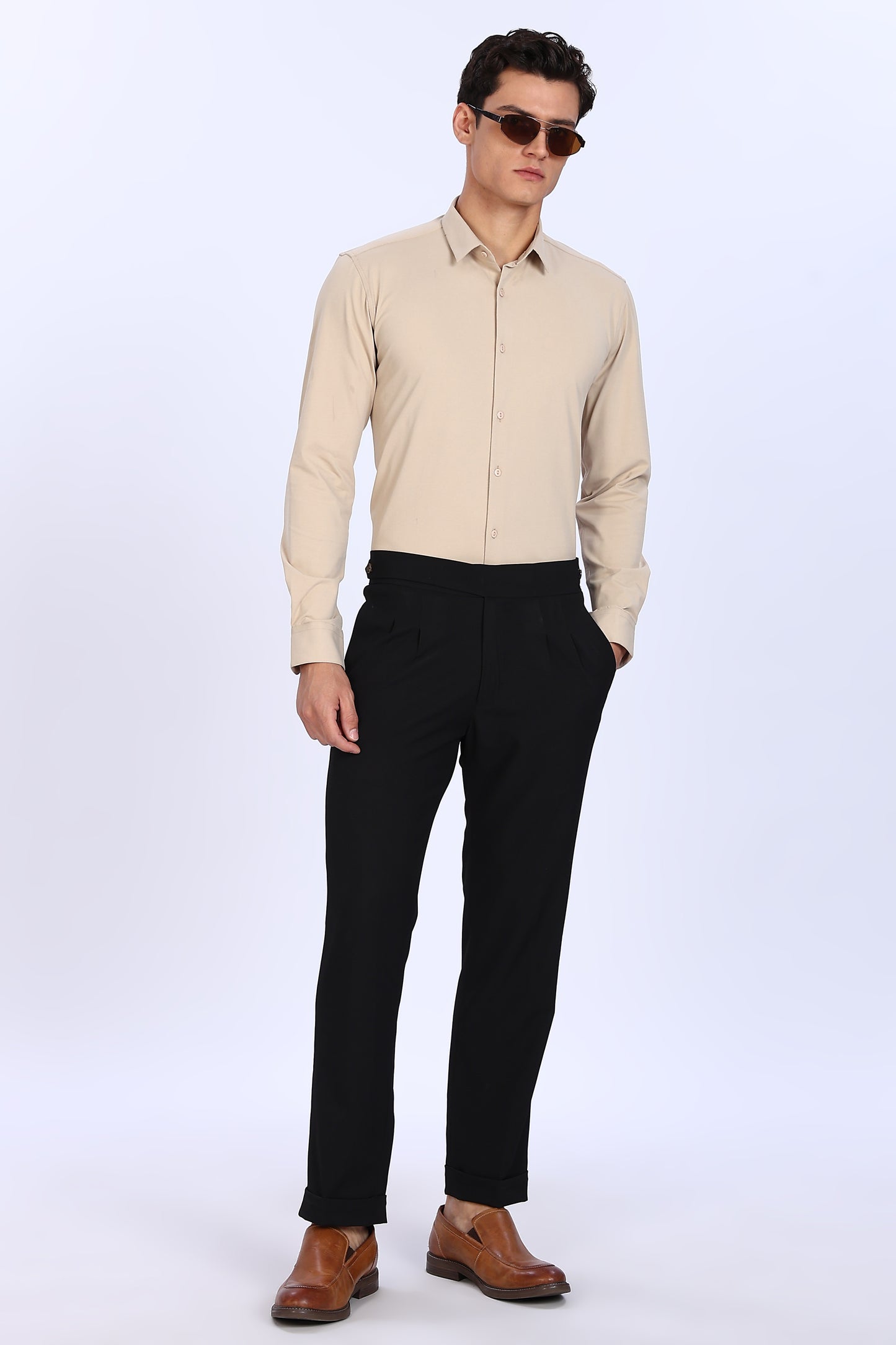 Regular Fit Solid 4 way Light Beige Lycra Shirt
