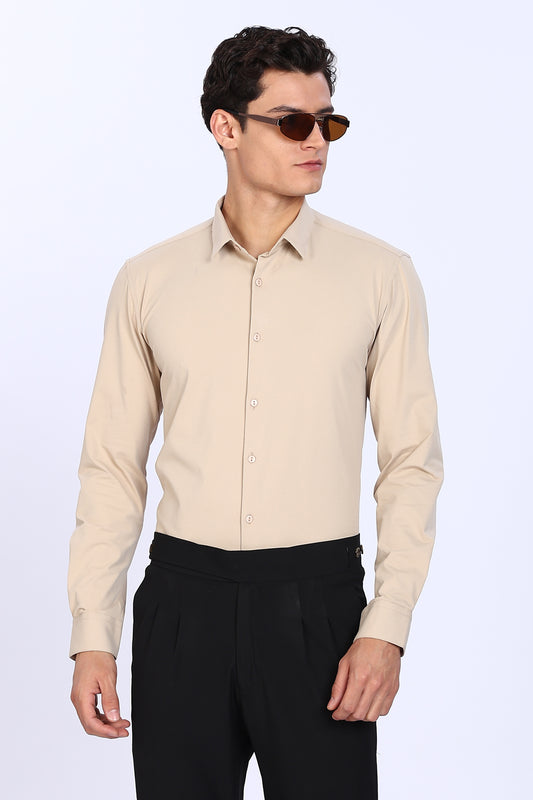 Regular Fit Solid 4 way Light Beige Lycra Shirt